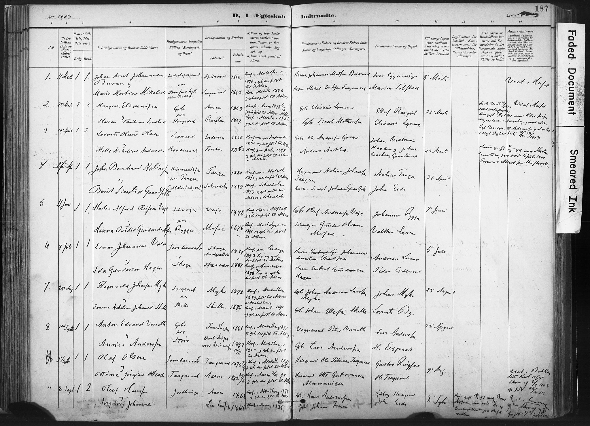 Ministerialprotokoller, klokkerbøker og fødselsregistre - Nord-Trøndelag, SAT/A-1458/717/L0162: Parish register (official) no. 717A12, 1898-1923, p. 187
