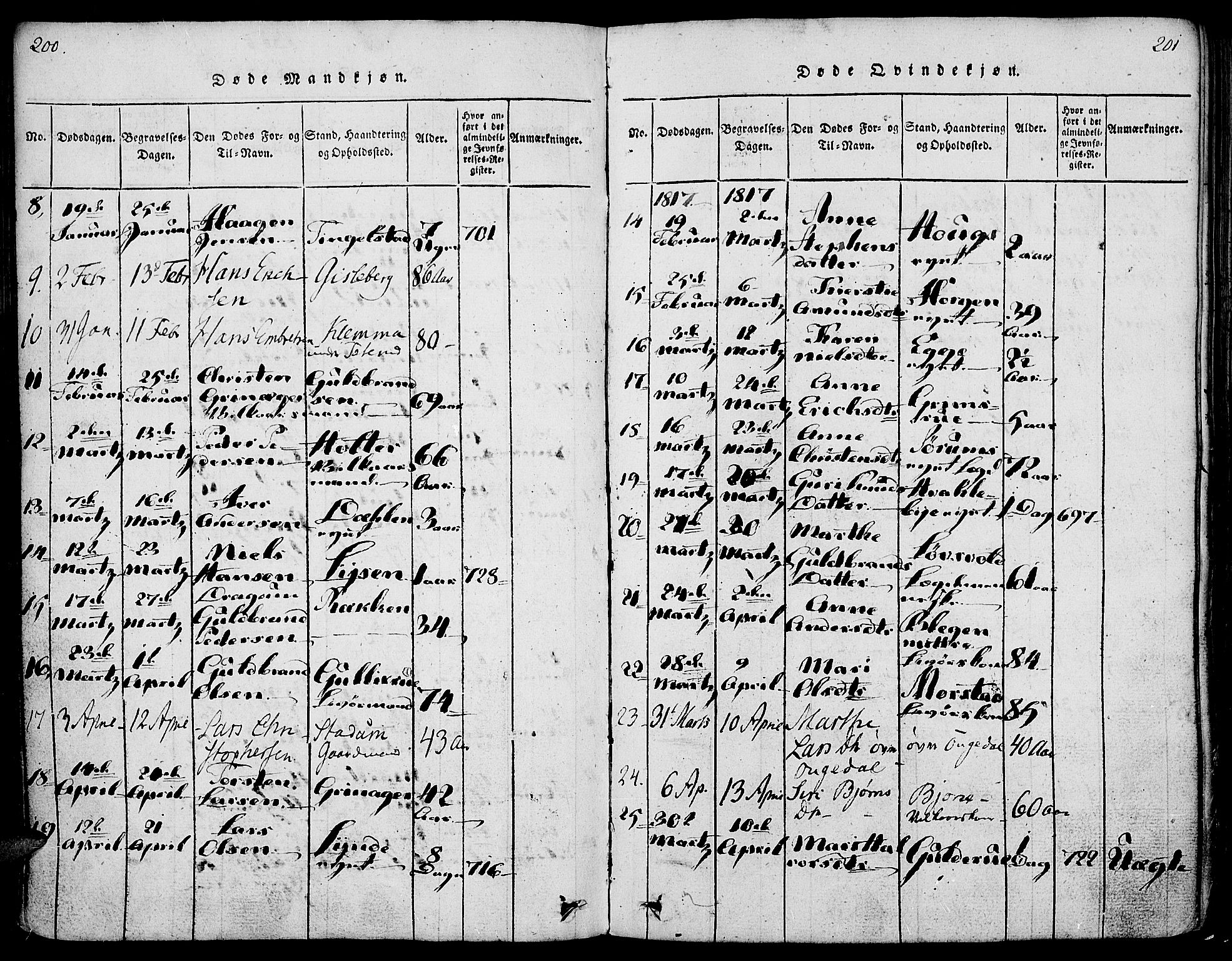 Gran prestekontor, SAH/PREST-112/H/Ha/Haa/L0009: Parish register (official) no. 9, 1815-1824, p. 200-201