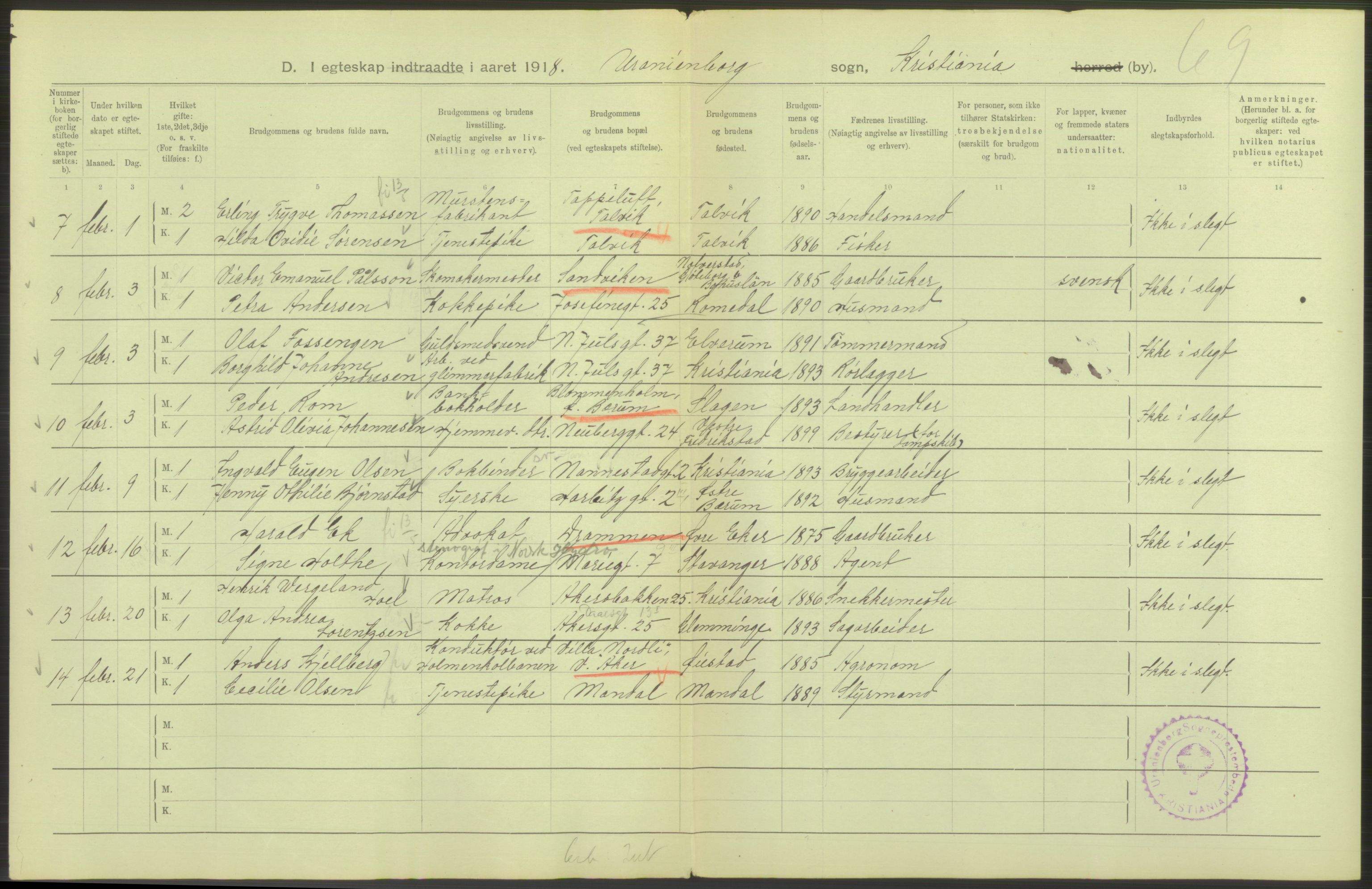 Statistisk sentralbyrå, Sosiodemografiske emner, Befolkning, AV/RA-S-2228/D/Df/Dfb/Dfbh/L0009: Kristiania: Gifte, 1918, p. 4