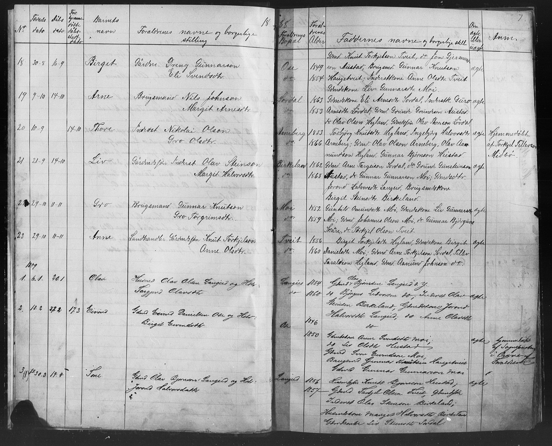 Bygland sokneprestkontor, SAK/1111-0006/F/Fb/Fba/L0002: Parish register (copy) no. B 2, 1886-1919, p. 7