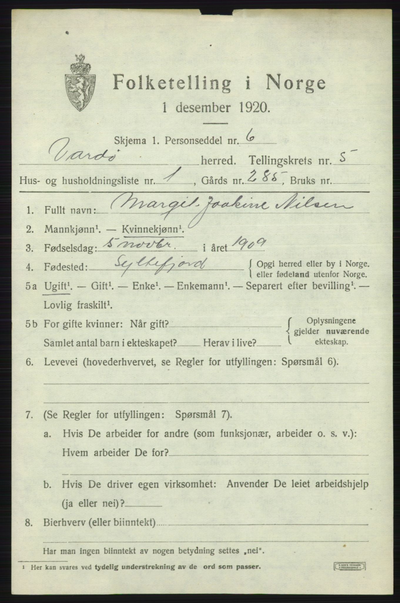 SATØ, 1920 census for Vardø rural district, 1920, p. 2596