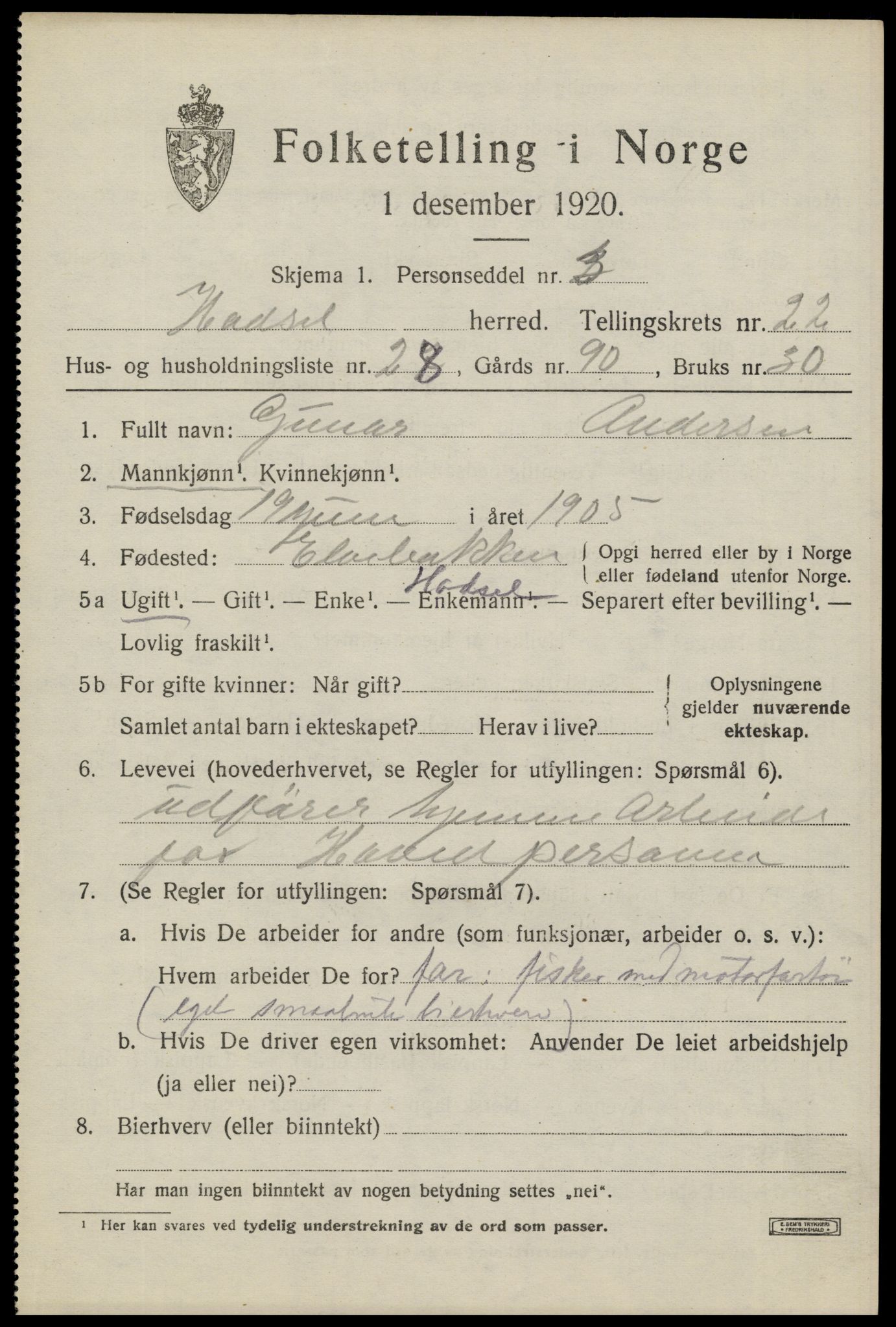 SAT, 1920 census for Hadsel, 1920, p. 20278