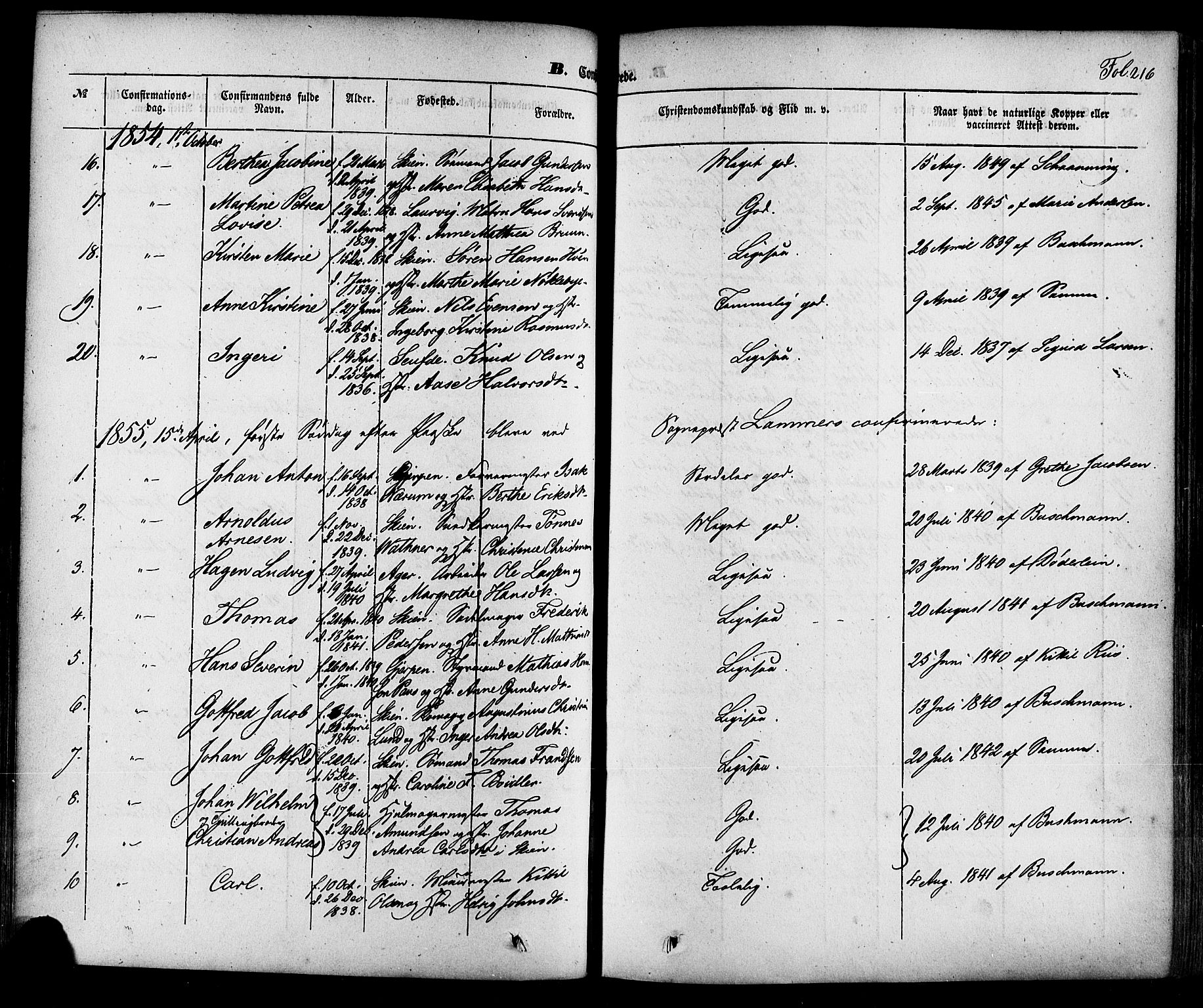 Skien kirkebøker, AV/SAKO-A-302/F/Fa/L0006a: Parish register (official) no. 6A, 1843-1856, p. 216