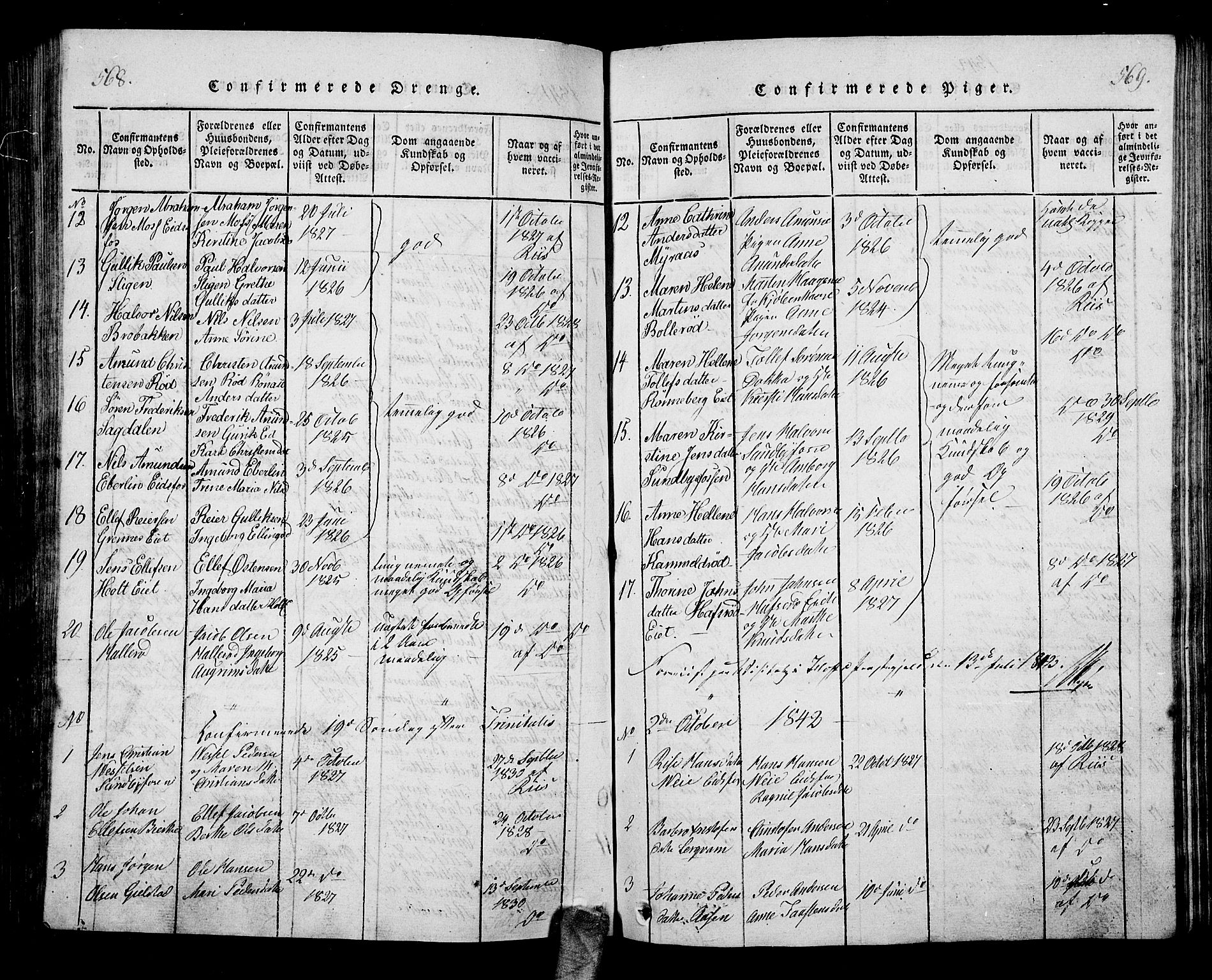 Hof kirkebøker, AV/SAKO-A-64/G/Ga/L0001: Parish register (copy) no. I 1, 1814-1844, p. 568-569