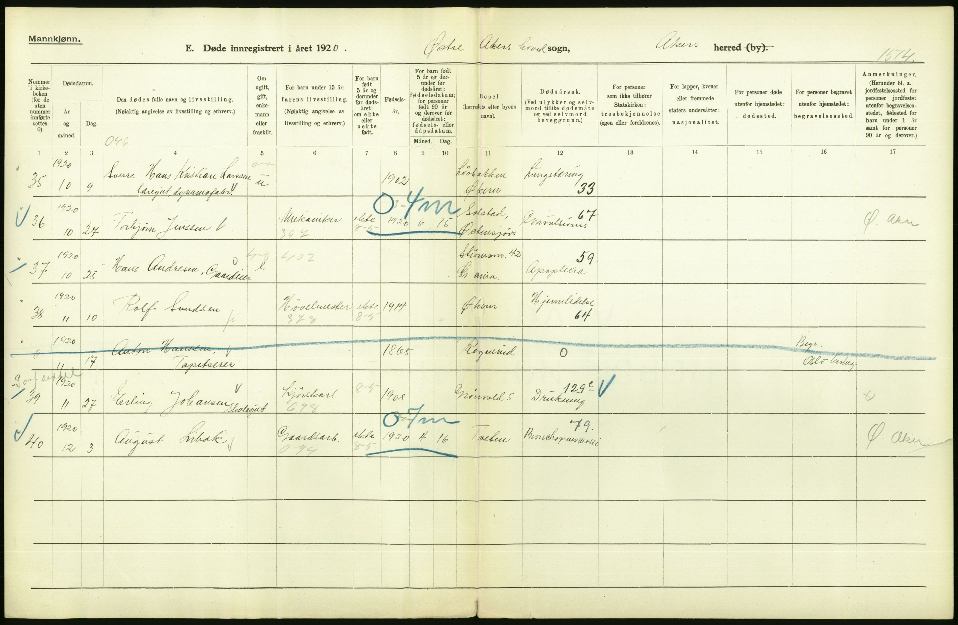 Statistisk sentralbyrå, Sosiodemografiske emner, Befolkning, AV/RA-S-2228/D/Df/Dfb/Dfbj/L0007: Akershus fylke: Døde. Bygder og byer., 1920, p. 76