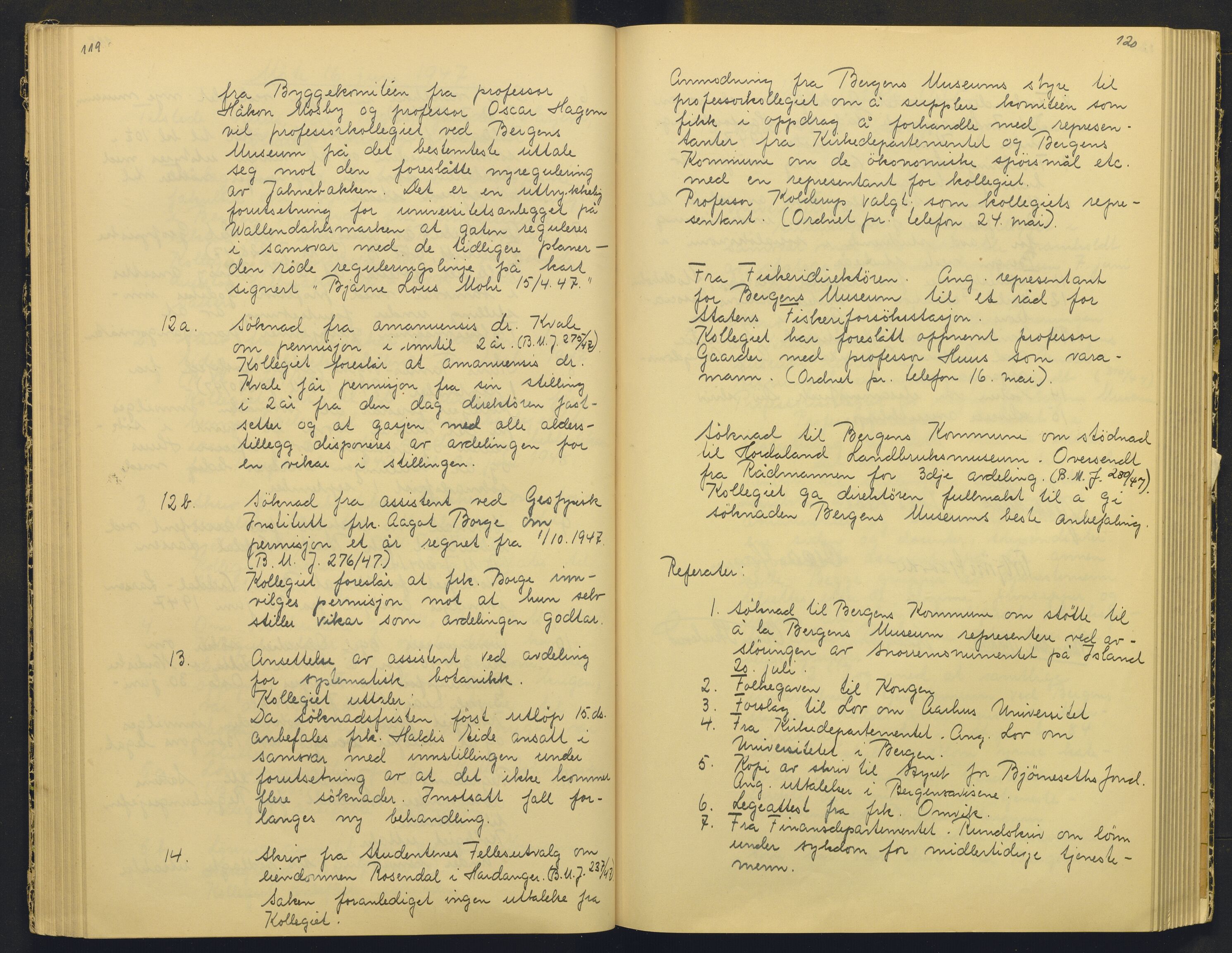 Bergens Museum, AV/SAB-A-17301/18/A/L0004: Professorkollegiets møtebok med register , 1945-1949, p. 119-120