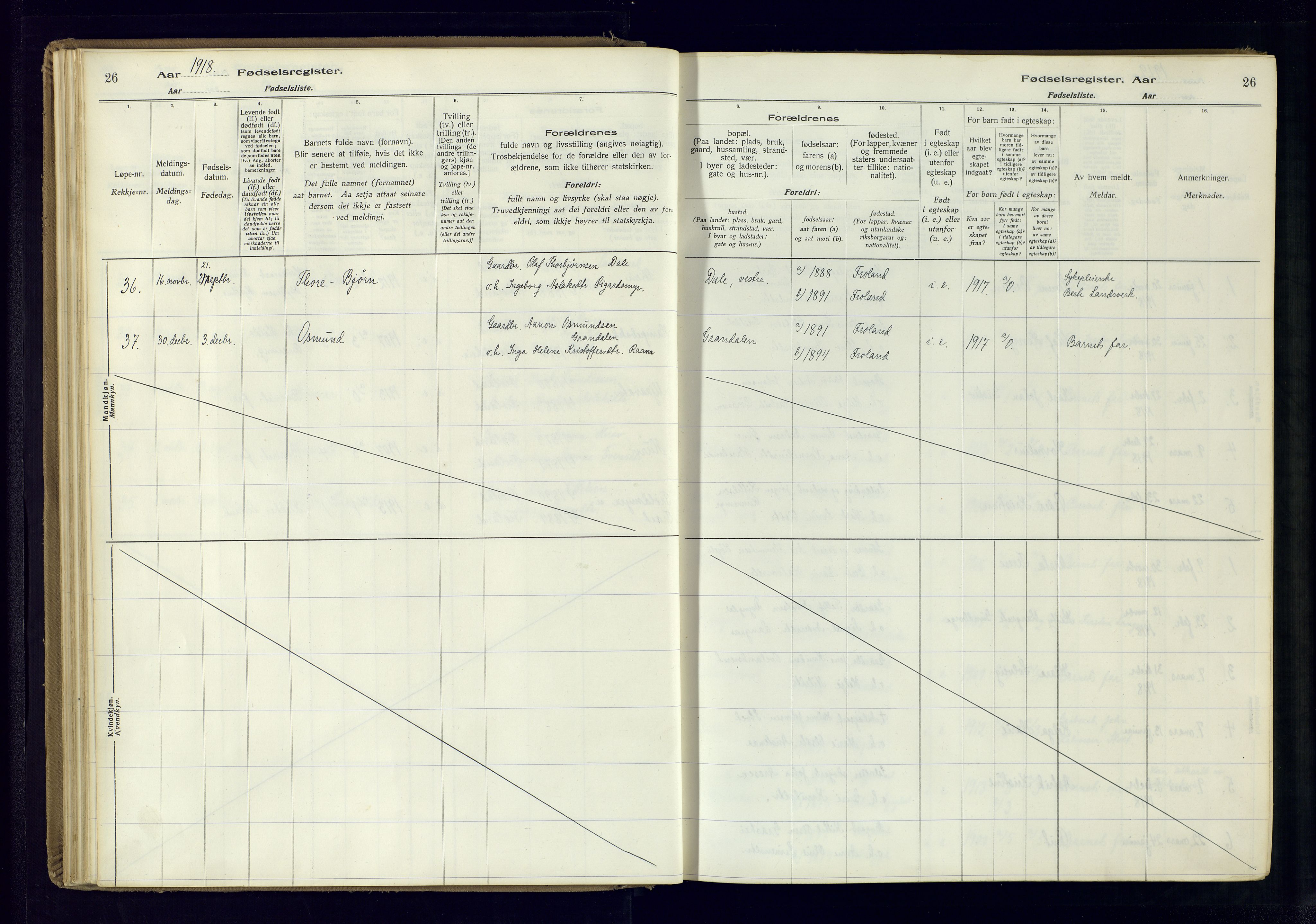 Froland sokneprestkontor, AV/SAK-1111-0013/J/Ja/L0001: Birth register no. 1, 1916-1950, p. 26