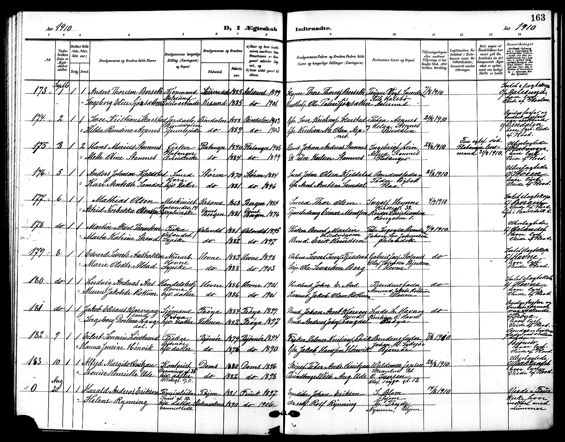 Ministerialprotokoller, klokkerbøker og fødselsregistre - Sør-Trøndelag, SAT/A-1456/601/L0095: Parish register (copy) no. 601C13, 1902-1911, p. 163