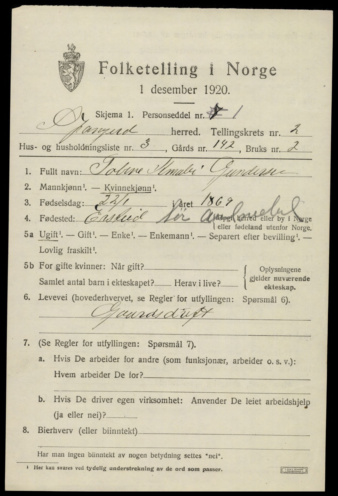 SAK, 1920 census for Spangereid, 1920, p. 1073