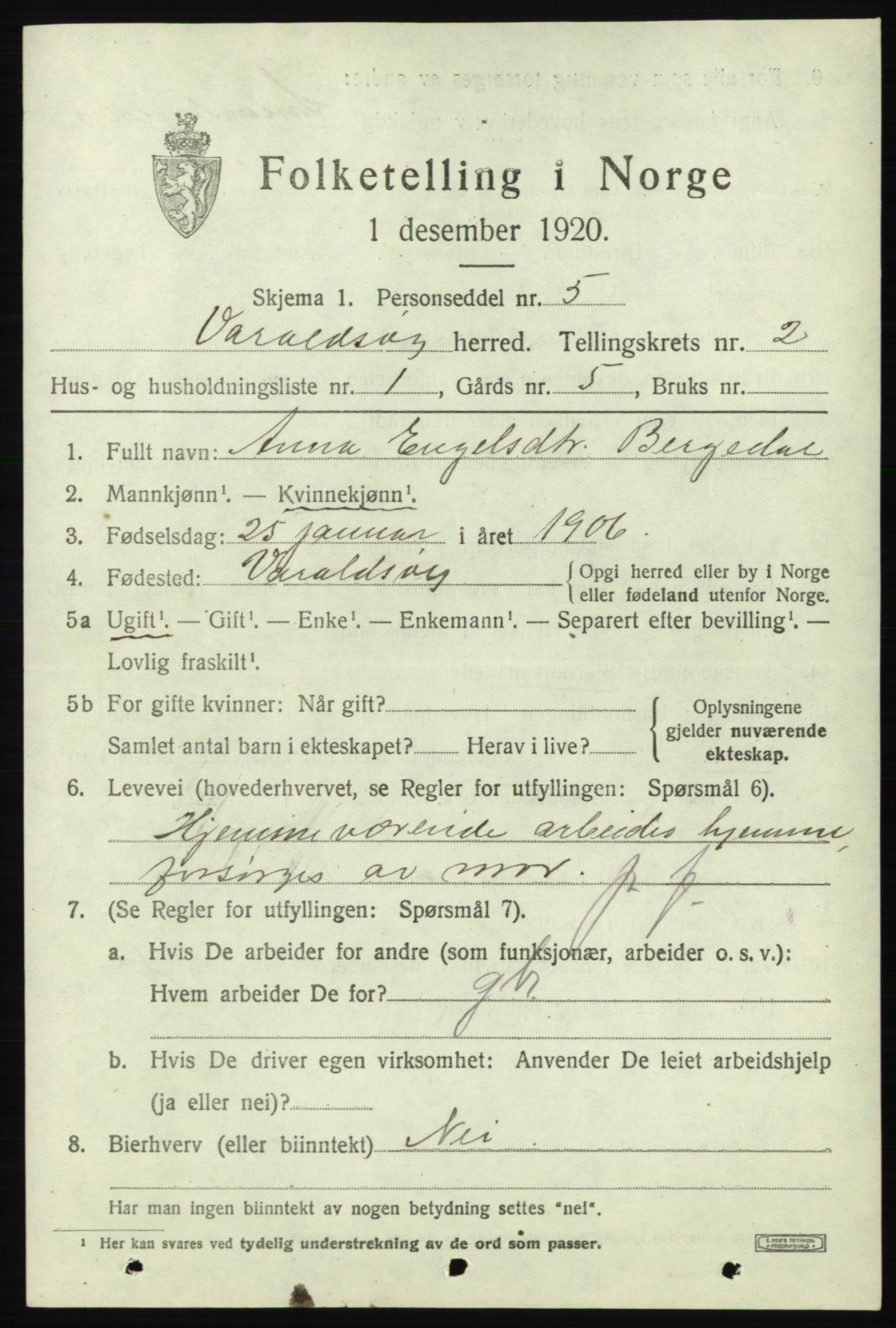 SAB, 1920 census for Varaldsøy, 1920, p. 745