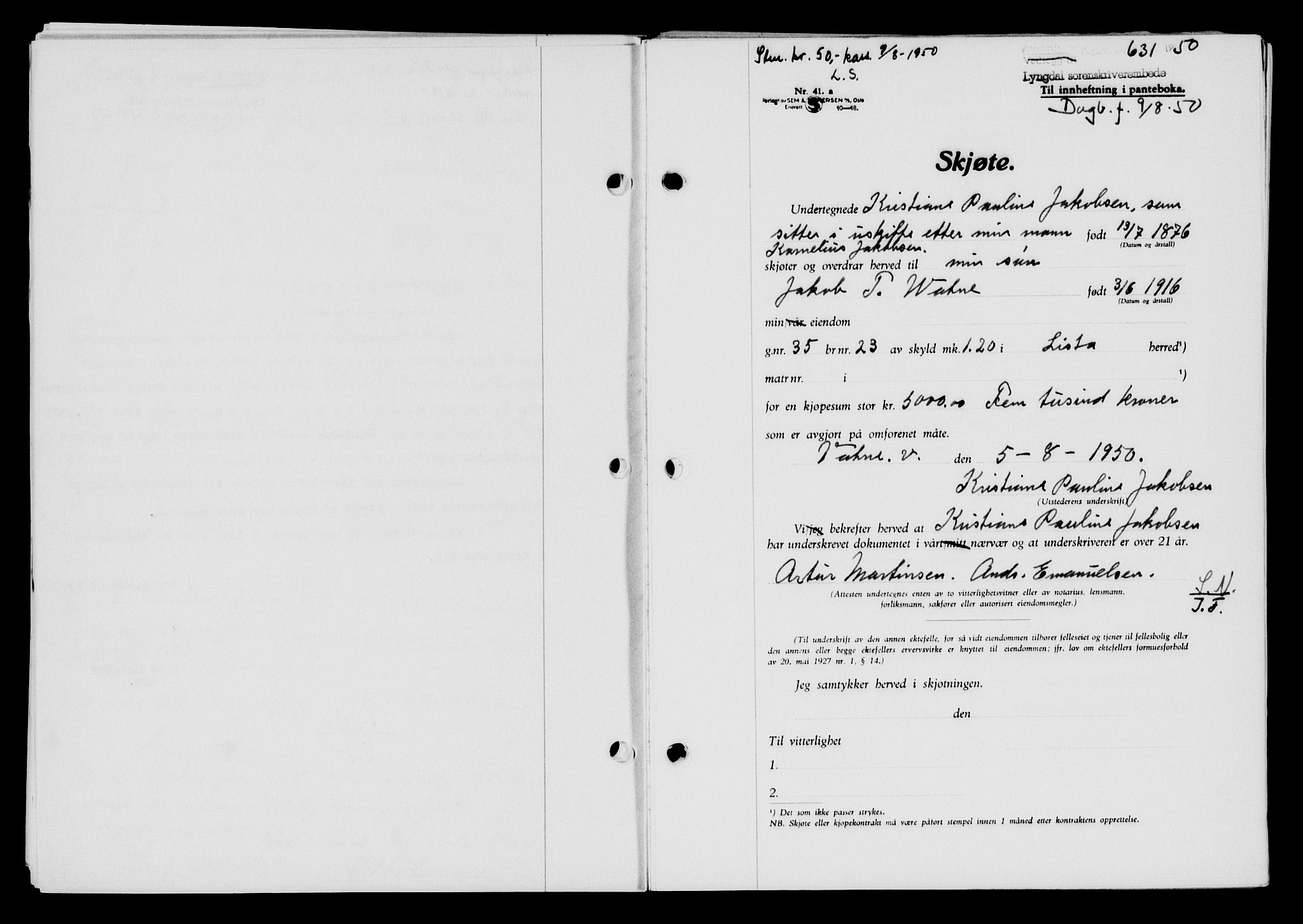 Lyngdal sorenskriveri, AV/SAK-1221-0004/G/Gb/L0665: Mortgage book no. A XI, 1950-1950, Diary no: : 631/1950