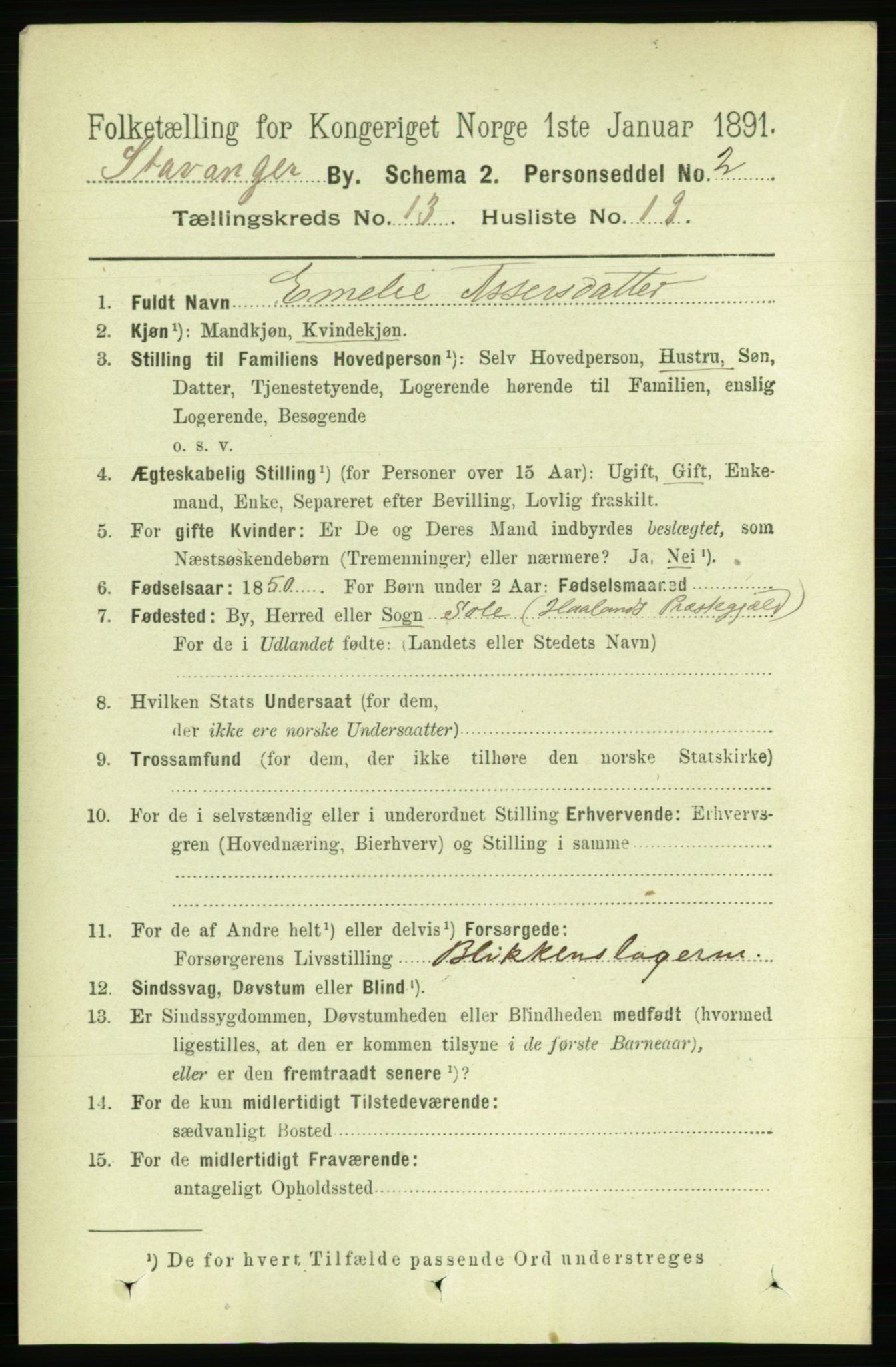 RA, 1891 census for 1103 Stavanger, 1891, p. 16149