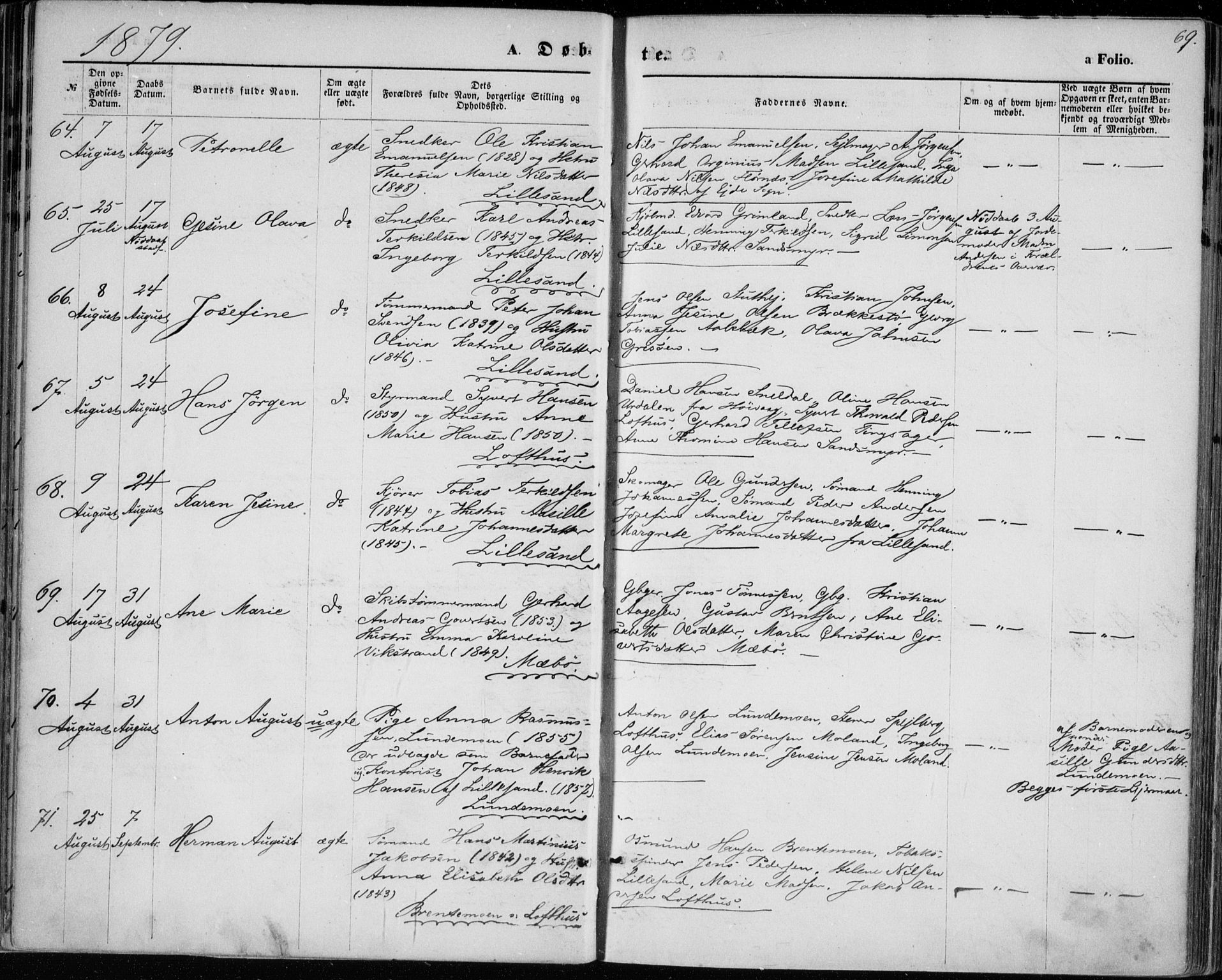 Vestre Moland sokneprestkontor, AV/SAK-1111-0046/F/Fa/Fab/L0008: Parish register (official) no. A 8, 1873-1883, p. 69