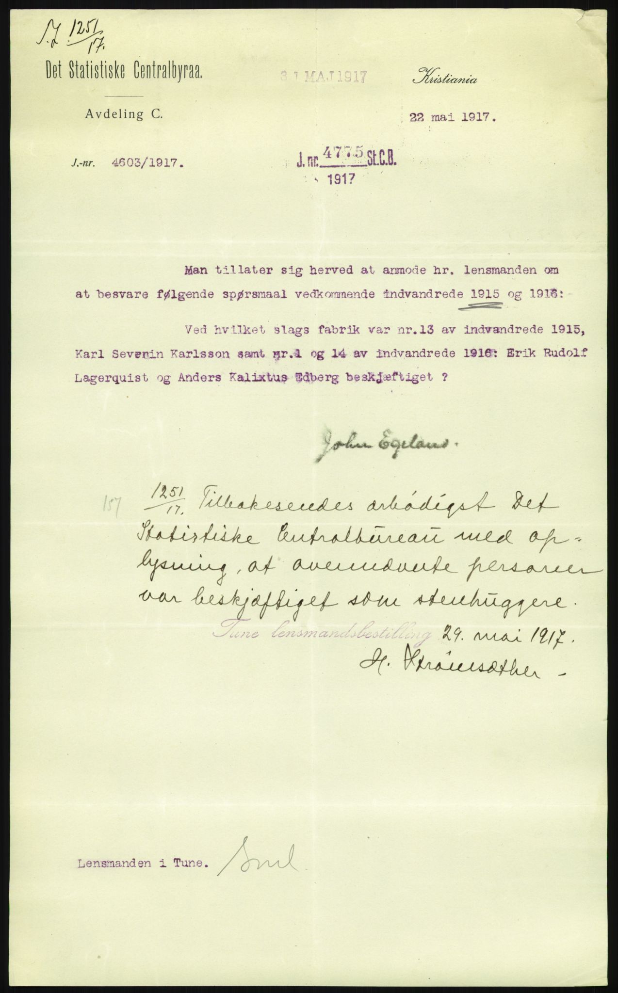 Statistisk sentralbyrå, Sosioøkonomiske emner, Folketellinger, boliger og boforhold, AV/RA-S-2231/F/Fa/L0001: Innvandring. Navn/fylkesvis, 1915, p. 43