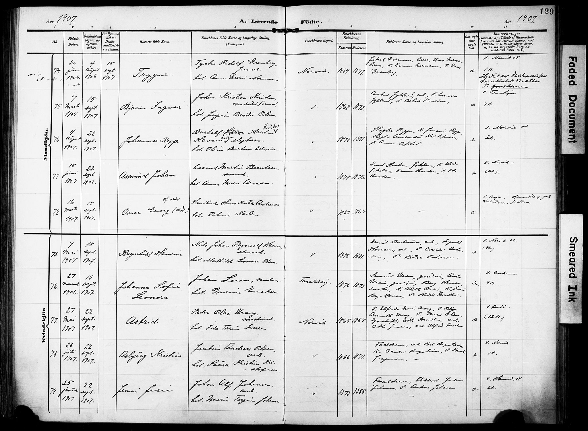 Ministerialprotokoller, klokkerbøker og fødselsregistre - Nordland, SAT/A-1459/871/L0994: Parish register (official) no. 871A10, 1902-1910, p. 129