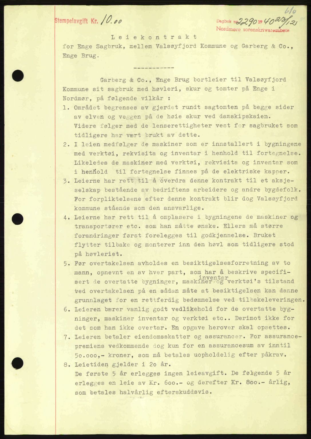 Nordmøre sorenskriveri, AV/SAT-A-4132/1/2/2Ca: Mortgage book no. B87, 1940-1941, Diary no: : 2290/1940