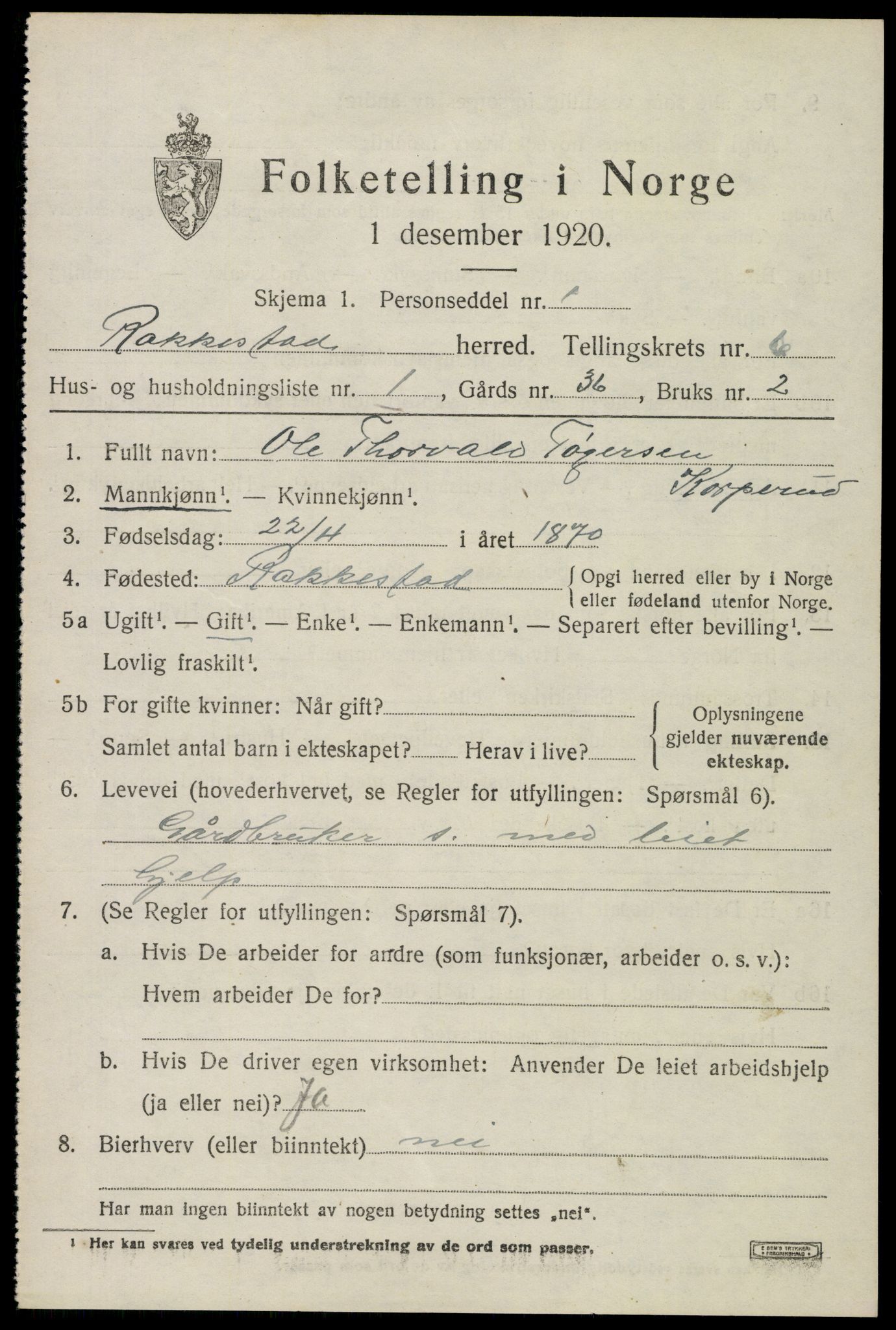 SAO, 1920 census for Rakkestad, 1920, p. 6643