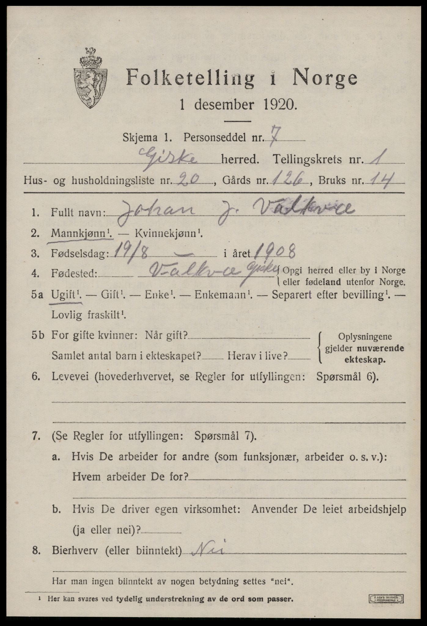 SAT, 1920 census for Giske, 1920, p. 856