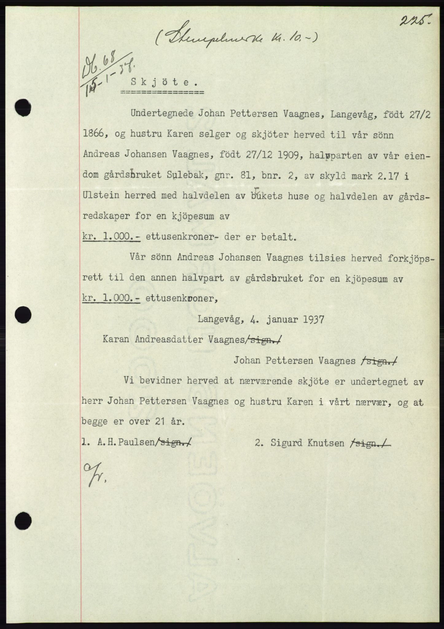 Søre Sunnmøre sorenskriveri, SAT/A-4122/1/2/2C/L0062: Mortgage book no. 56, 1936-1937, Diary no: : 68/1937