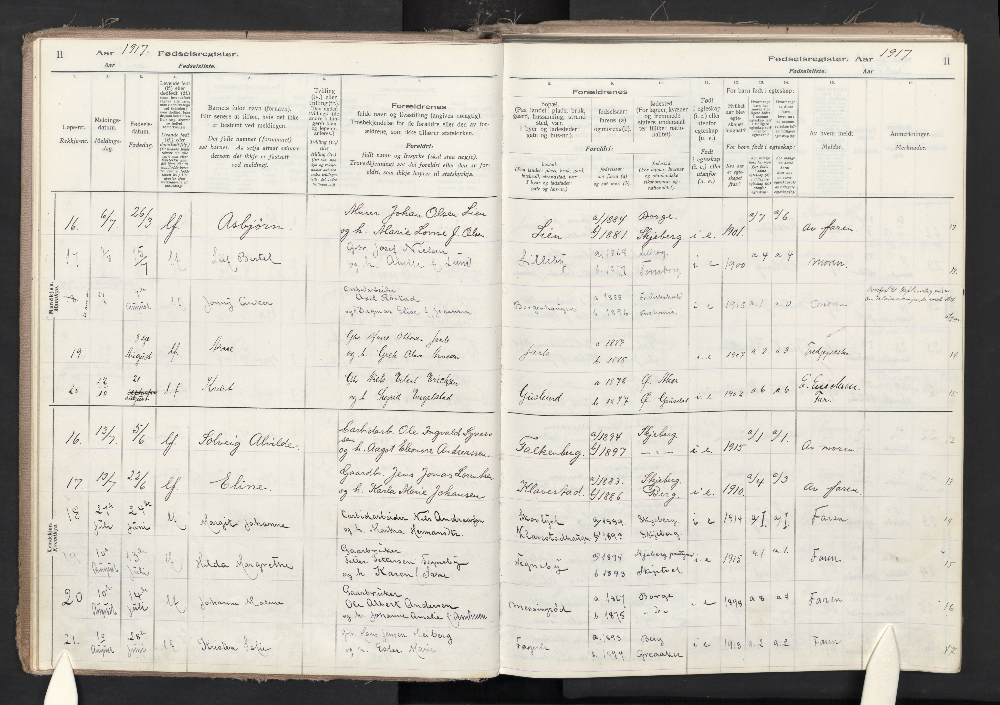 Skjeberg prestekontor Kirkebøker, AV/SAO-A-10923/J/Ja/L0001: Birth register no. I 1, 1916-1945, p. 11