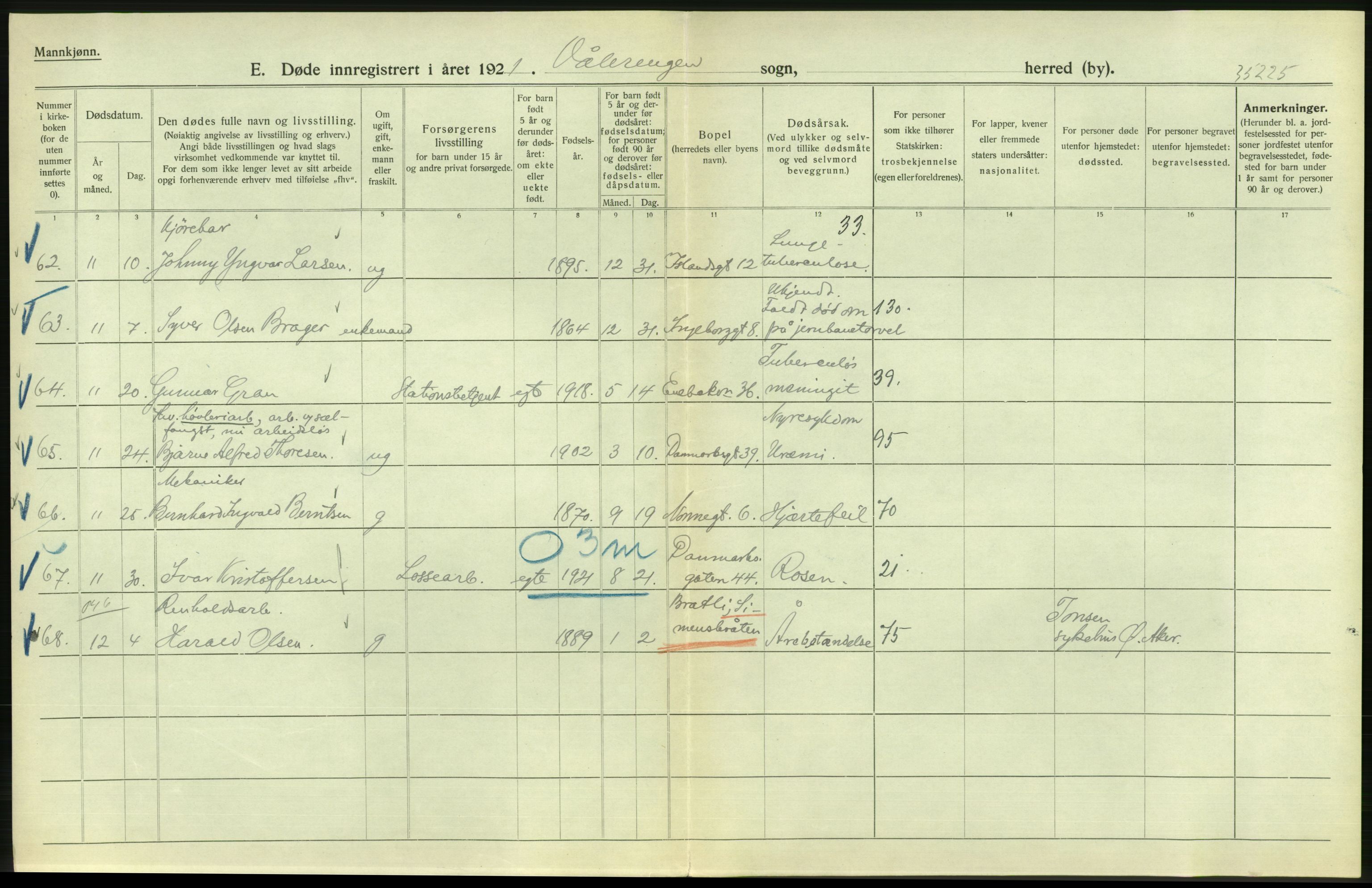 Statistisk sentralbyrå, Sosiodemografiske emner, Befolkning, RA/S-2228/D/Df/Dfc/Dfca/L0013: Kristiania: Døde, dødfødte, 1921, p. 282