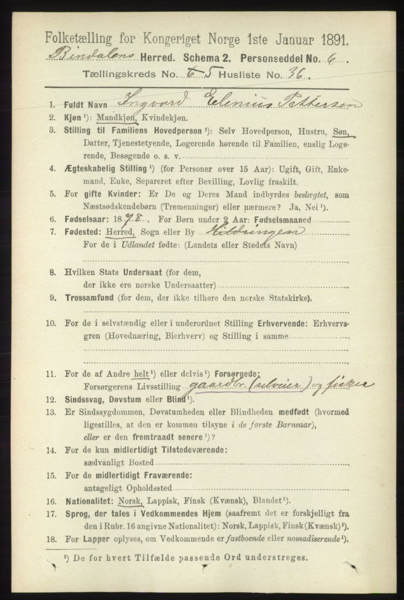 RA, 1891 census for 1811 Bindal, 1891, p. 1396