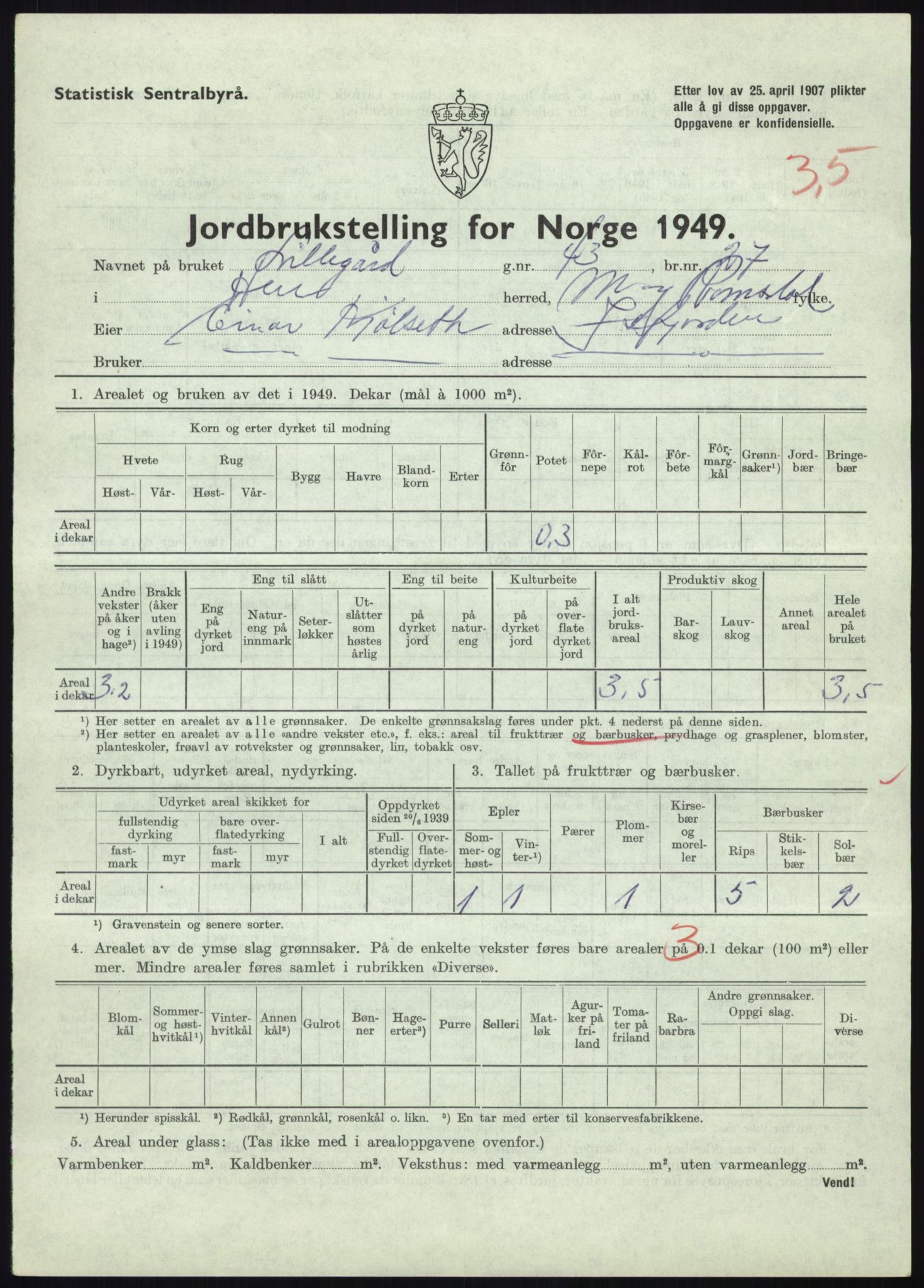 Statistisk sentralbyrå, Næringsøkonomiske emner, Jordbruk, skogbruk, jakt, fiske og fangst, AV/RA-S-2234/G/Gc/L0323: Møre og Romsdal: Grytten og Hen, 1949, p. 507