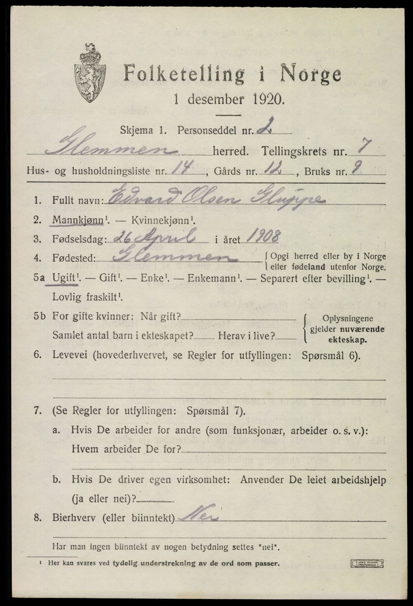 SAO, 1920 census for Glemmen, 1920, p. 23751