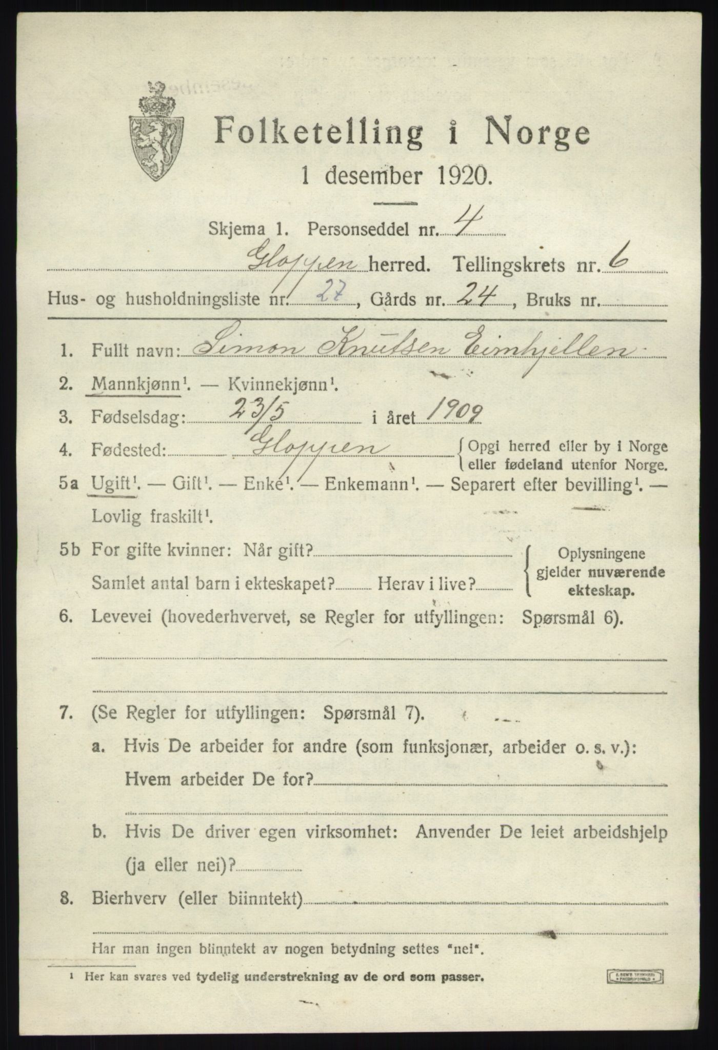 SAB, 1920 census for Gloppen, 1920, p. 4070