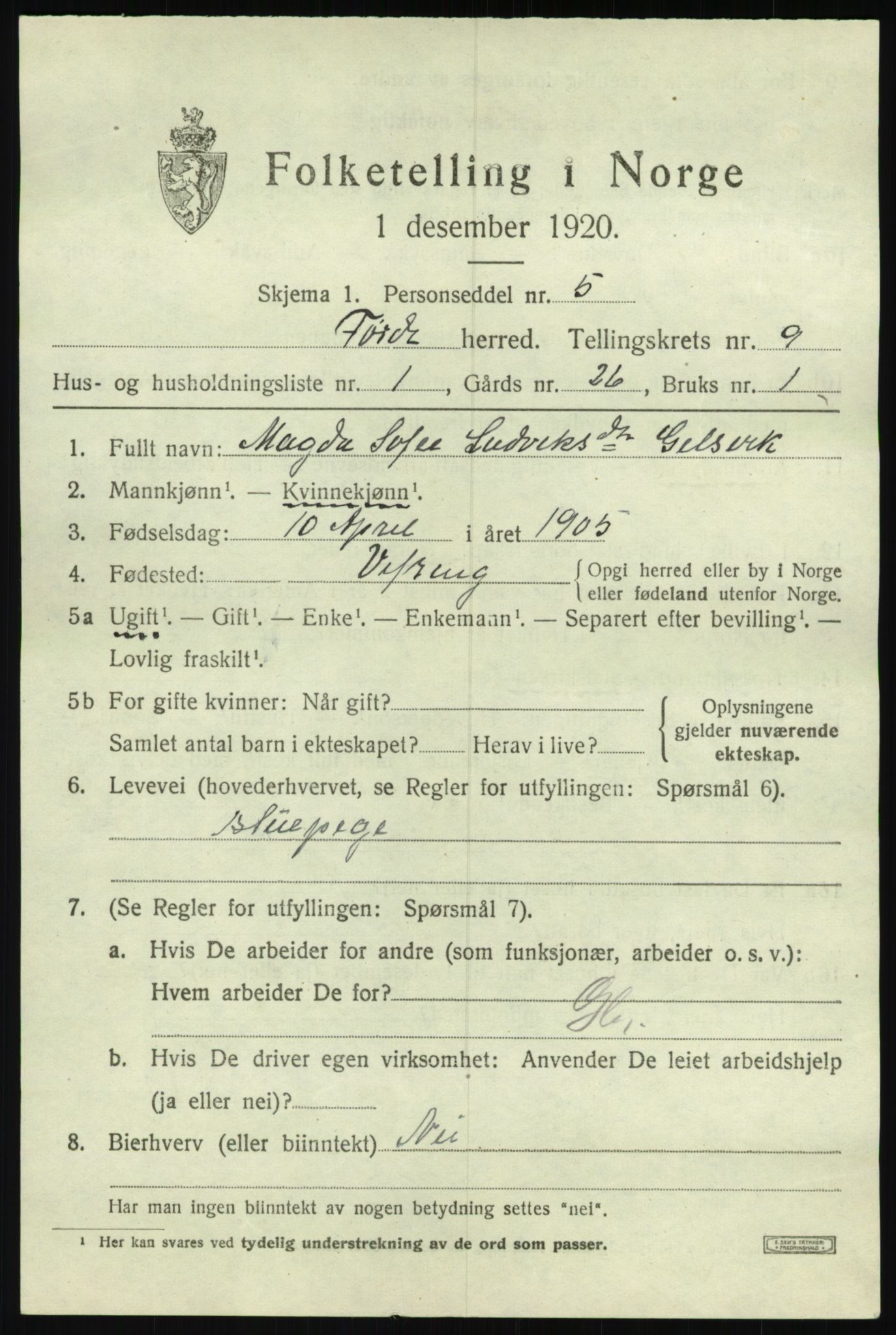 SAB, 1920 census for Førde, 1920, p. 3378