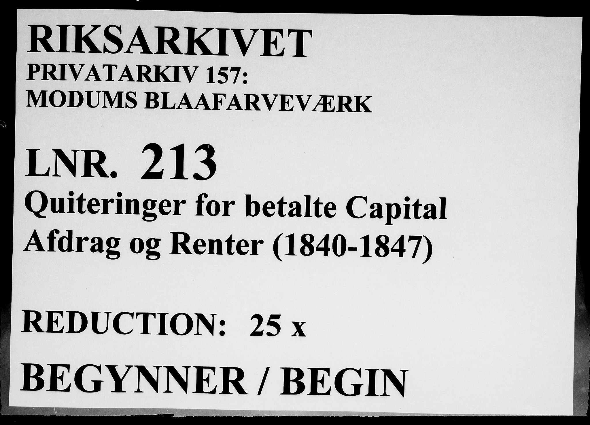 Modums Blaafarveværk, RA/PA-0157/G/Gd/Gdc/L0213/0001: -- / Quiteringer for betalte Capital Afdrag og Renter, 1840-1847, p. 1