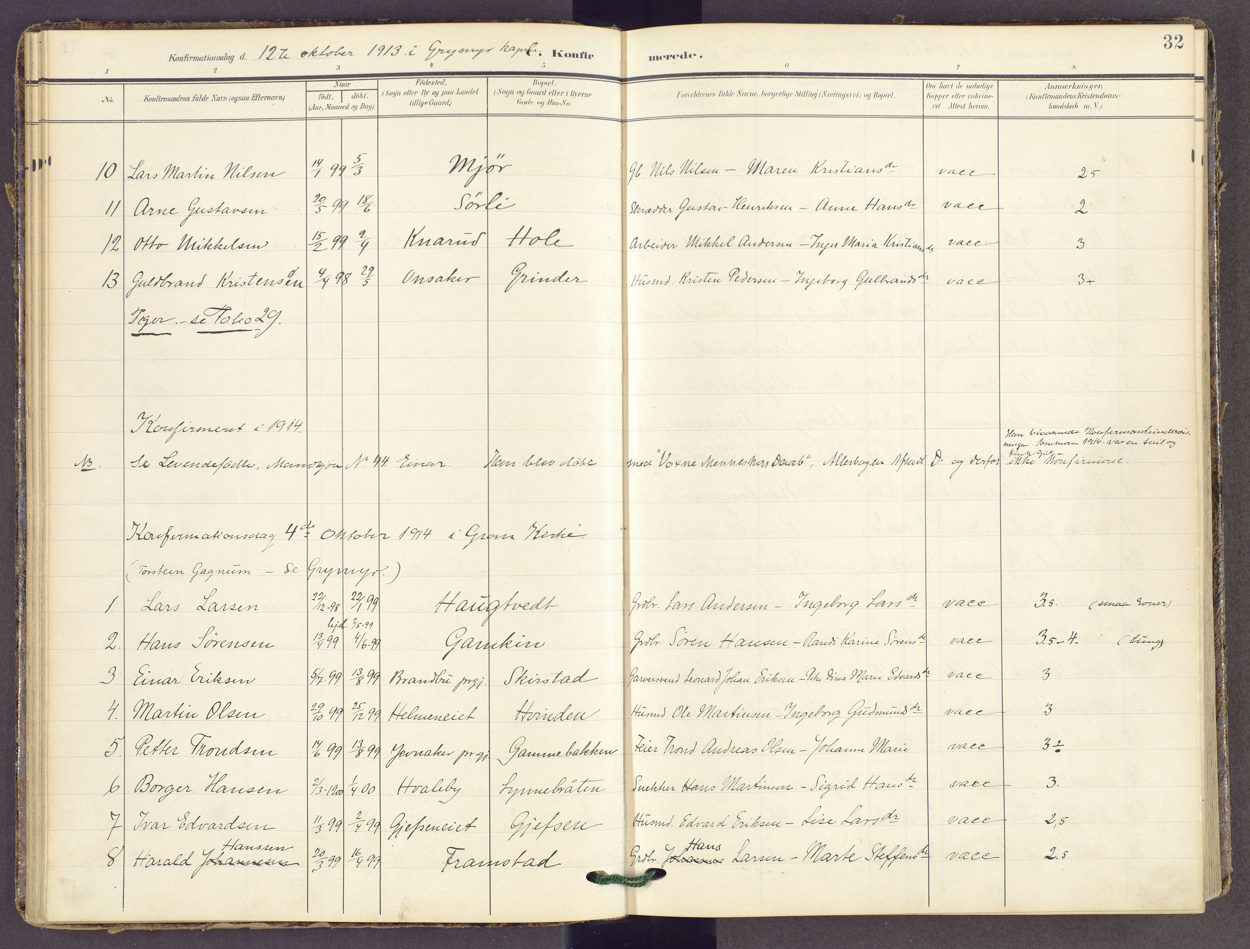 Gran prestekontor, SAH/PREST-112/H/Ha/Haa/L0022: Parish register (official) no. 22, 1908-1918, p. 32