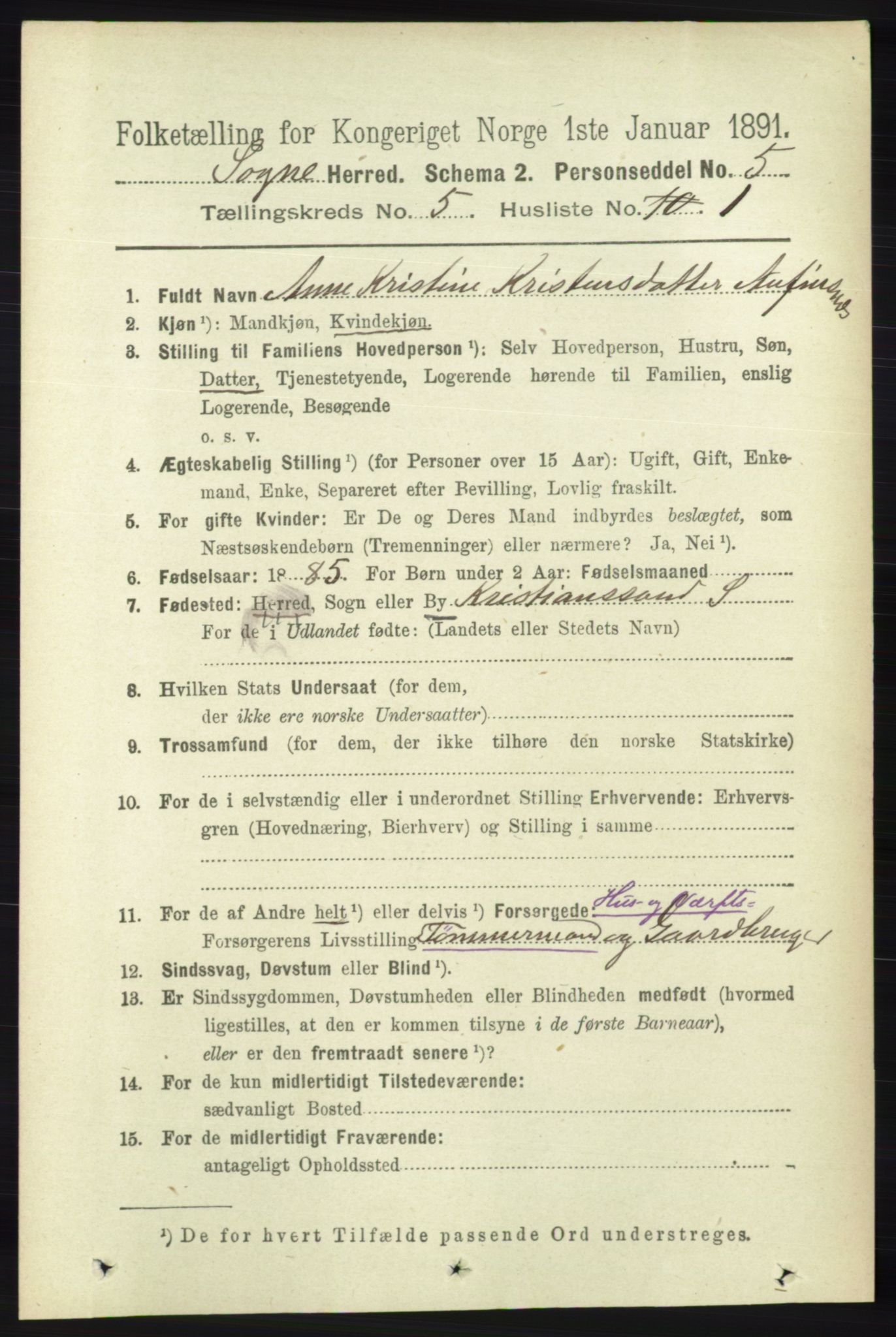 RA, 1891 census for 1018 Søgne, 1891, p. 912