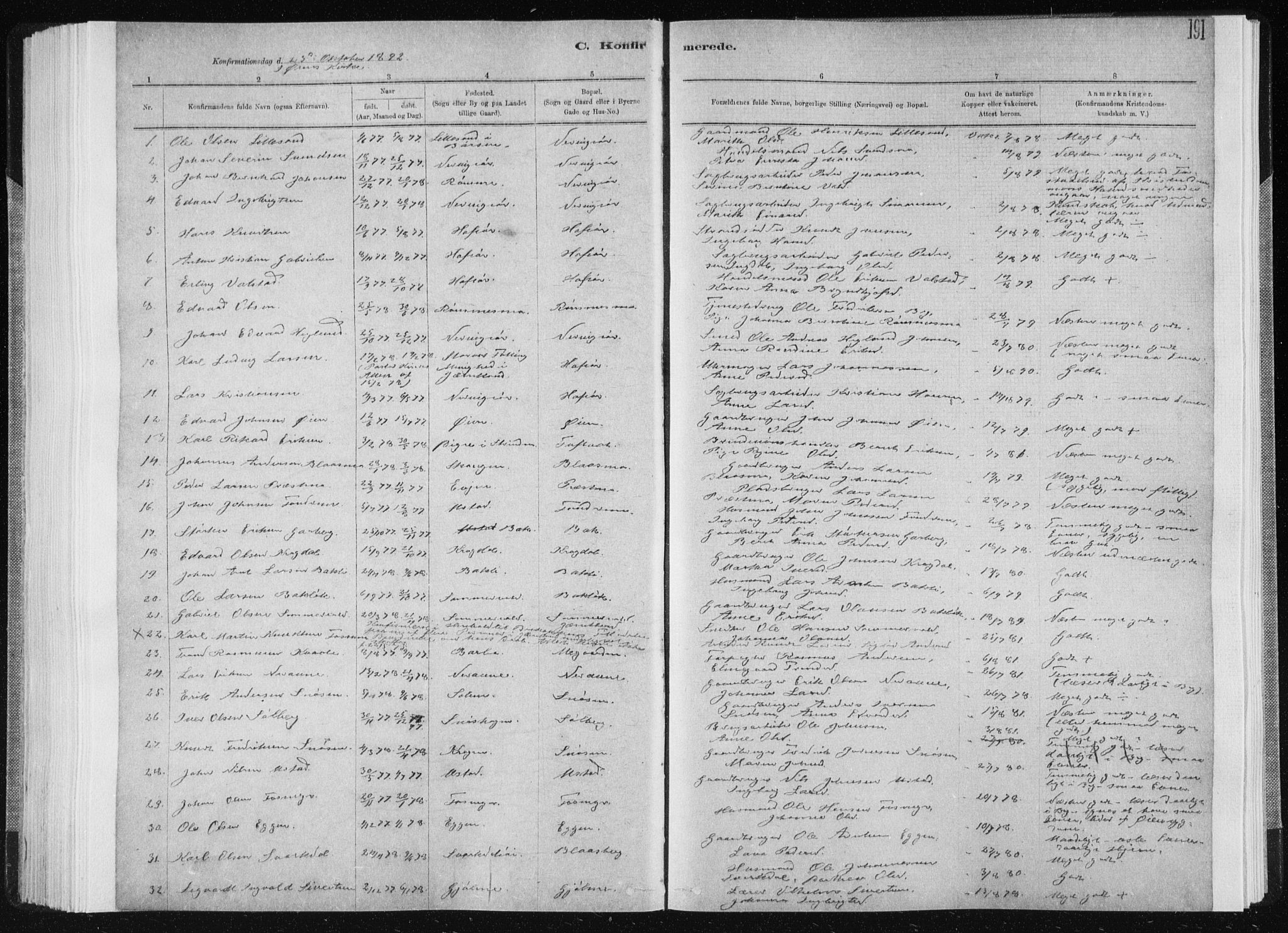 Ministerialprotokoller, klokkerbøker og fødselsregistre - Sør-Trøndelag, SAT/A-1456/668/L0818: Parish register (copy) no. 668C07, 1885-1898, p. 191