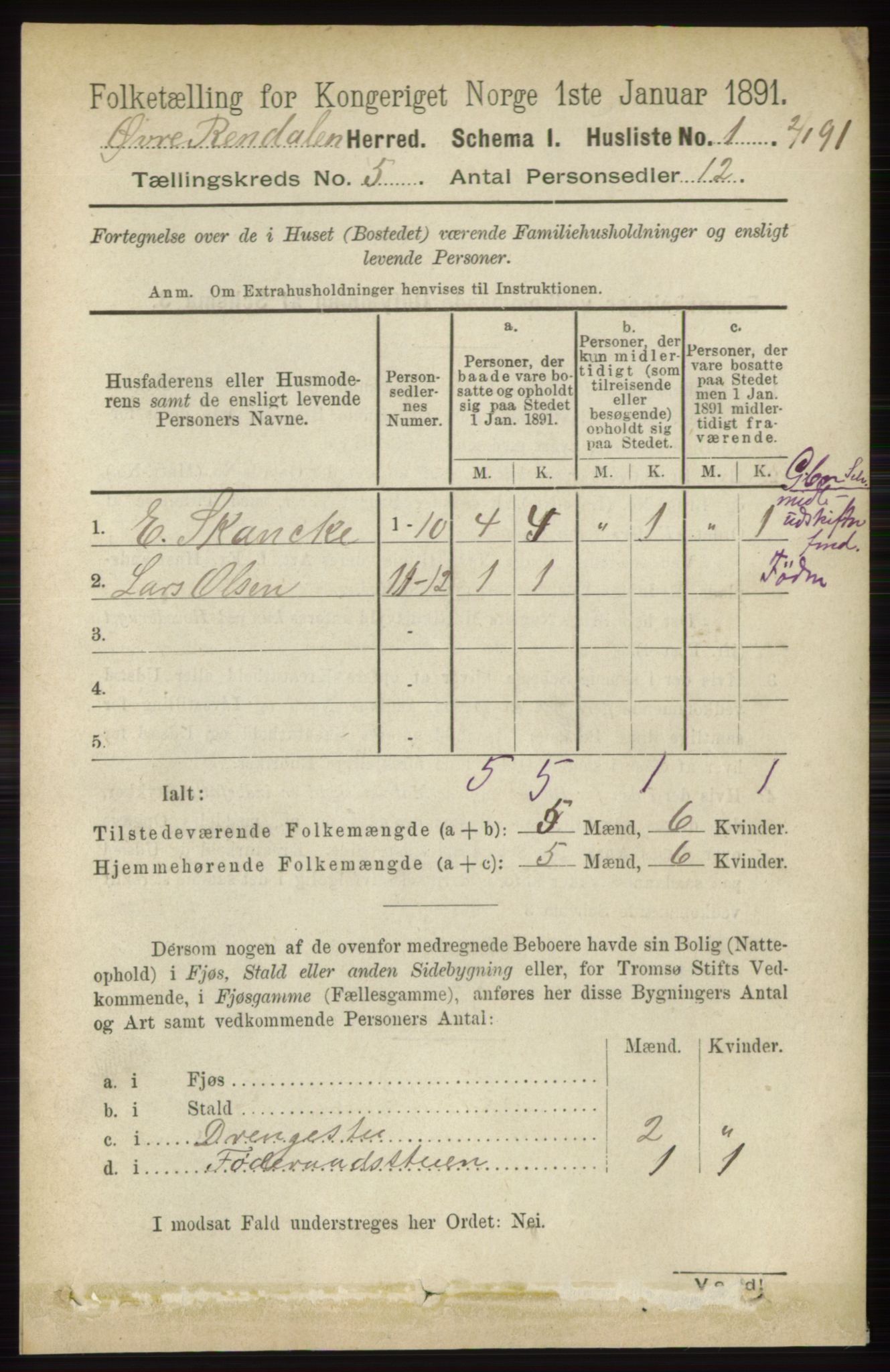 RA, 1891 census for 0433 Øvre Rendal, 1891, p. 1265