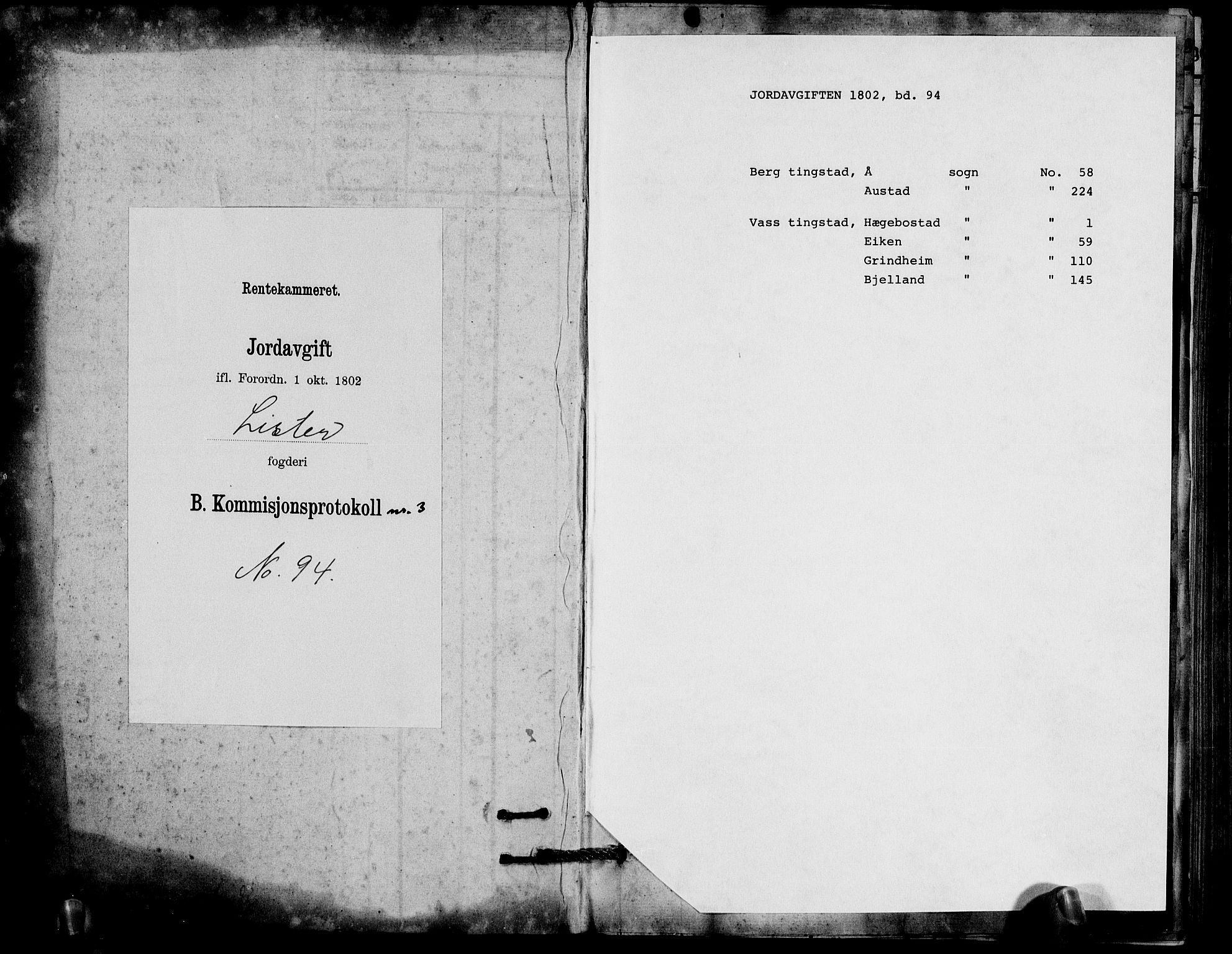 Rentekammeret inntil 1814, Realistisk ordnet avdeling, RA/EA-4070/N/Ne/Nea/L0094: Lista fogderi. Kommisjonsprotokoll "Nr. 3", for Å, Austad, Hægebostad, Eiken, Grindheim og Bjelland sogn, 1803, p. 1