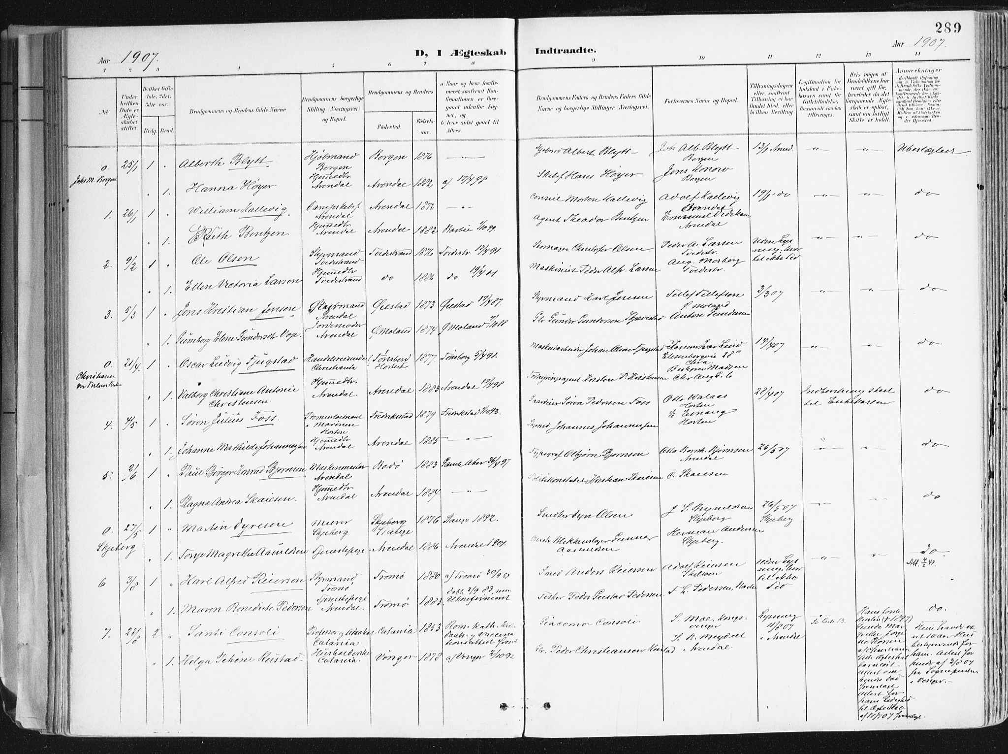 Arendal sokneprestkontor, Trefoldighet, SAK/1111-0040/F/Fa/L0010: Parish register (official) no. A 10, 1900-1919, p. 289
