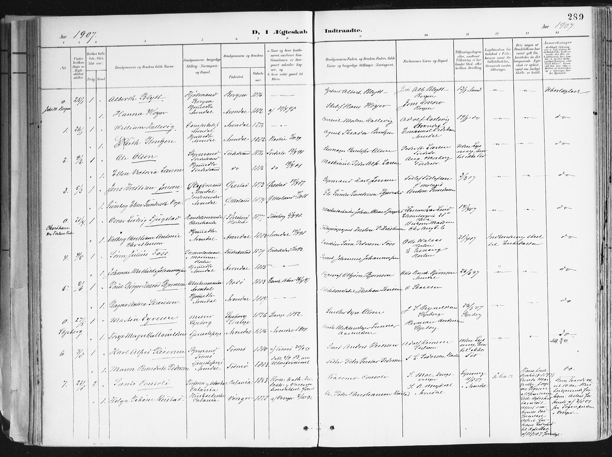 Arendal sokneprestkontor, Trefoldighet, AV/SAK-1111-0040/F/Fa/L0010: Parish register (official) no. A 10, 1900-1919, p. 289