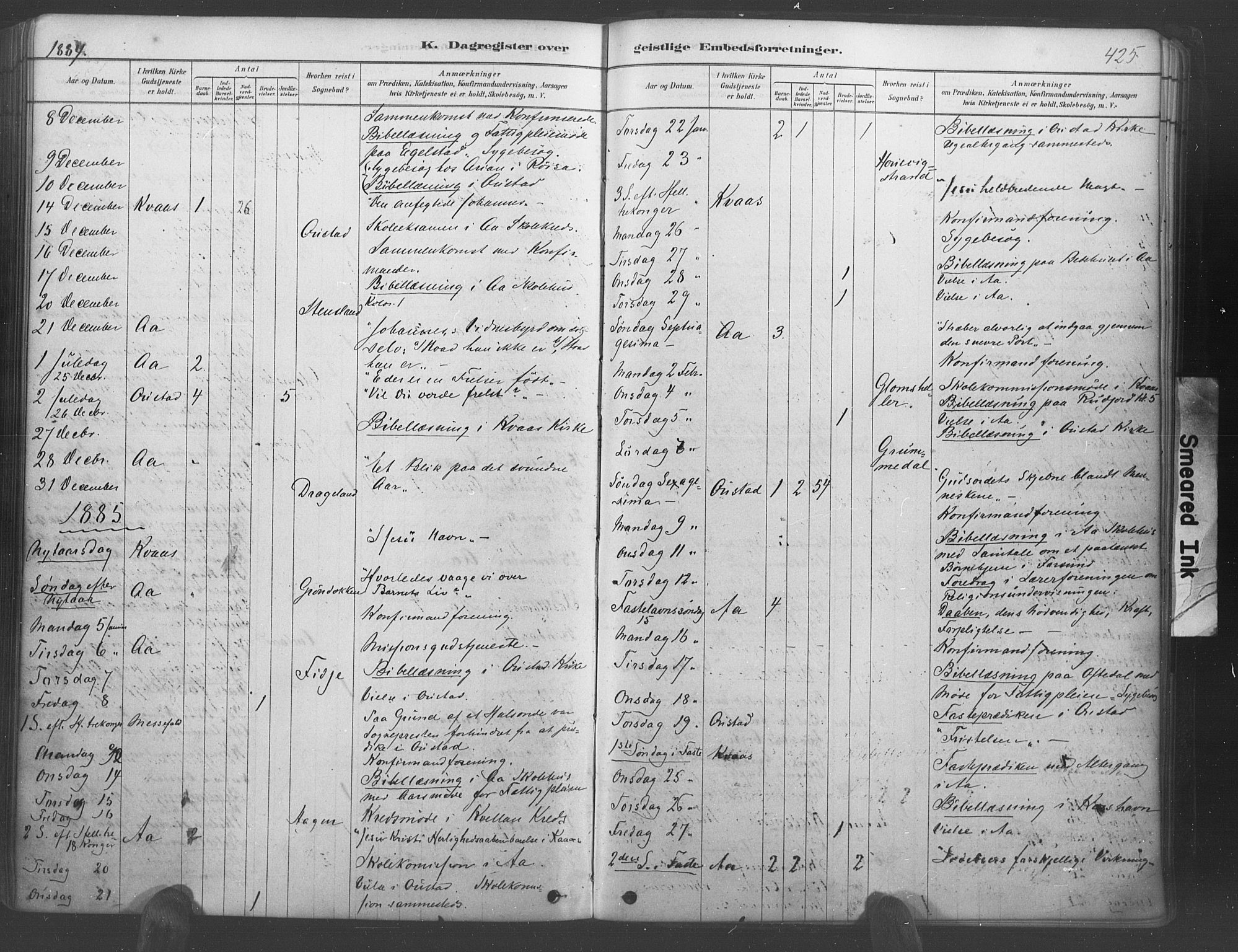 Lyngdal sokneprestkontor, AV/SAK-1111-0029/F/Fa/Fac/L0011: Parish register (official) no. A 11, 1878-1893, p. 425