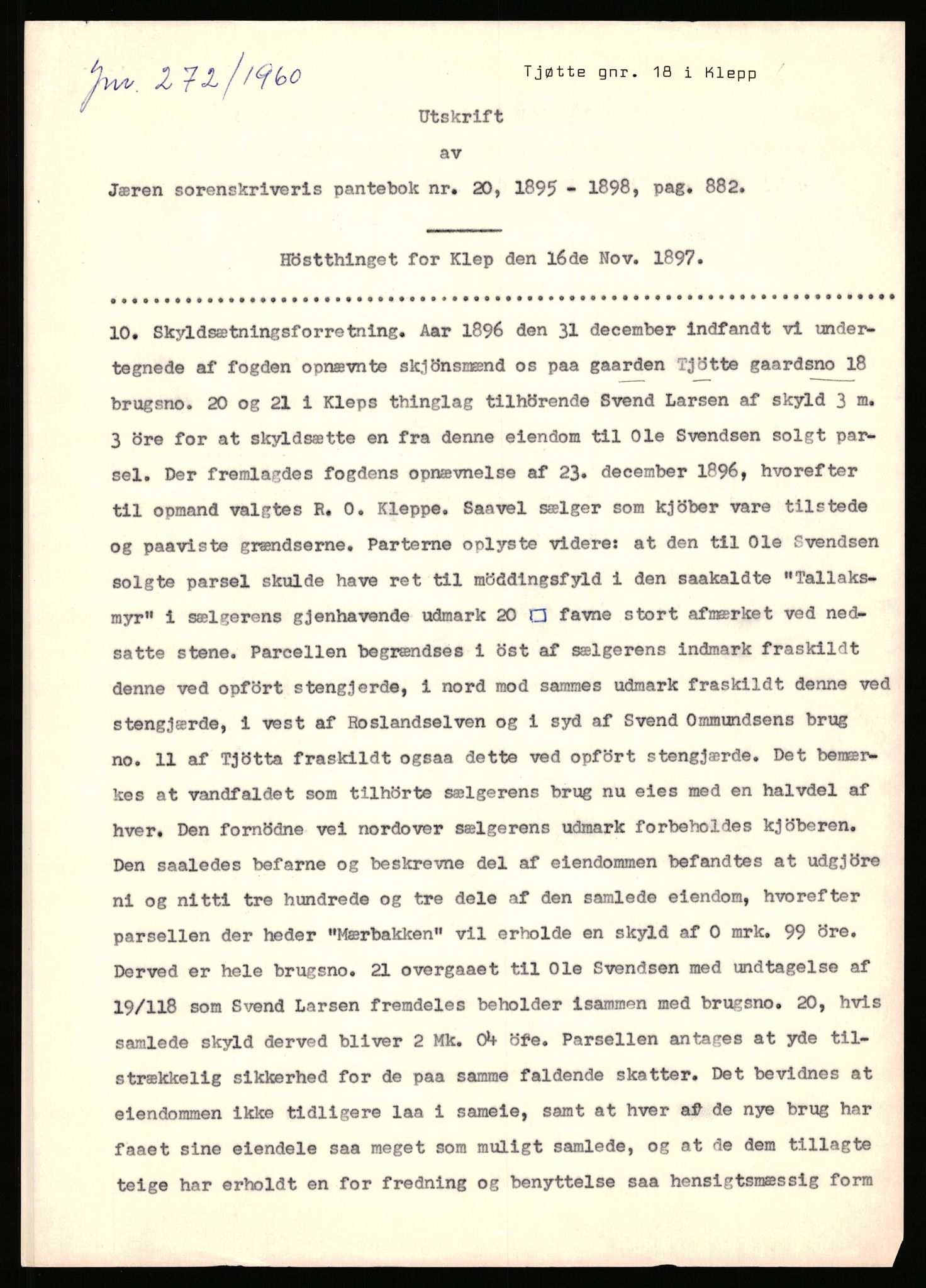 Statsarkivet i Stavanger, SAST/A-101971/03/Y/Yj/L0087: Avskrifter sortert etter gårdsnavn: Tjemsland nordre - Todhammer, 1750-1930, p. 596