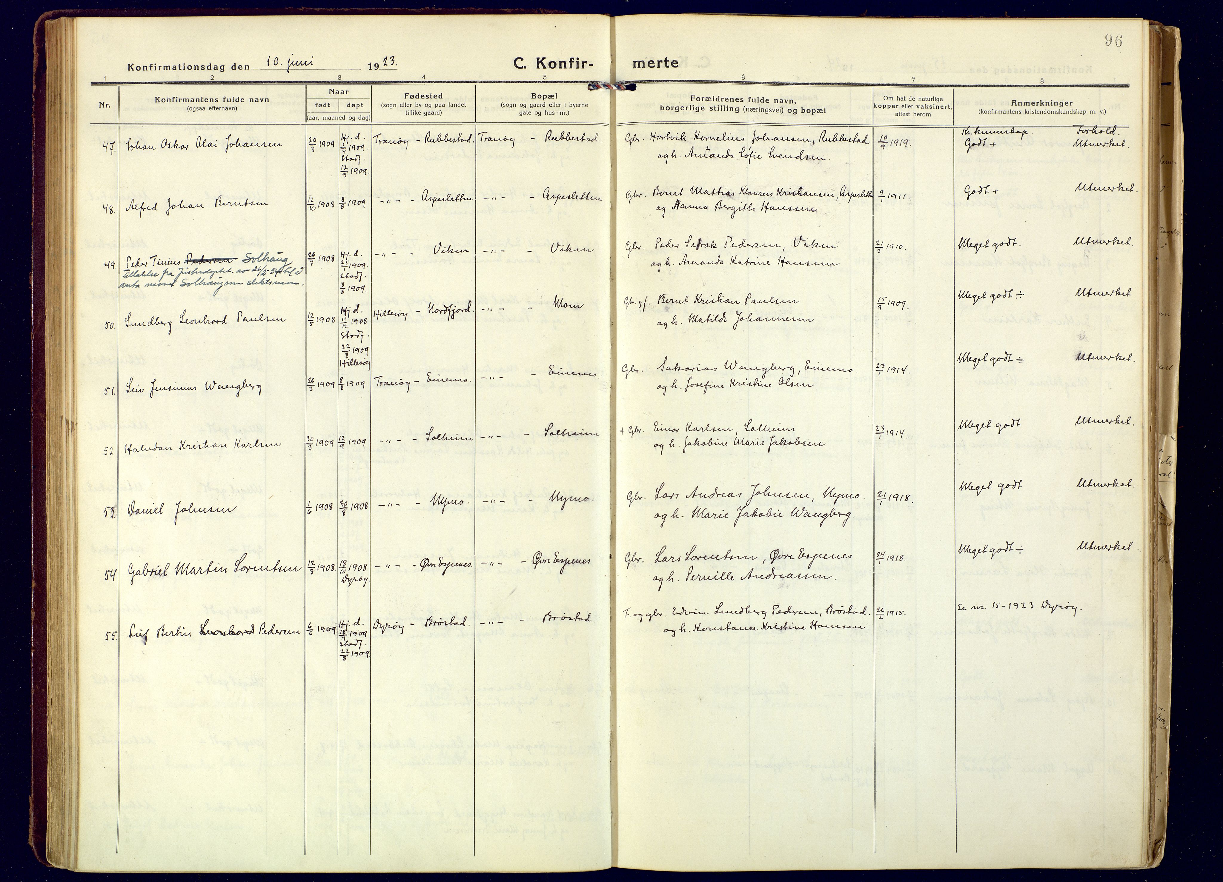 Tranøy sokneprestkontor, AV/SATØ-S-1313/I/Ia/Iaa/L0016kirke: Parish register (official) no. 16, 1919-1932, p. 96