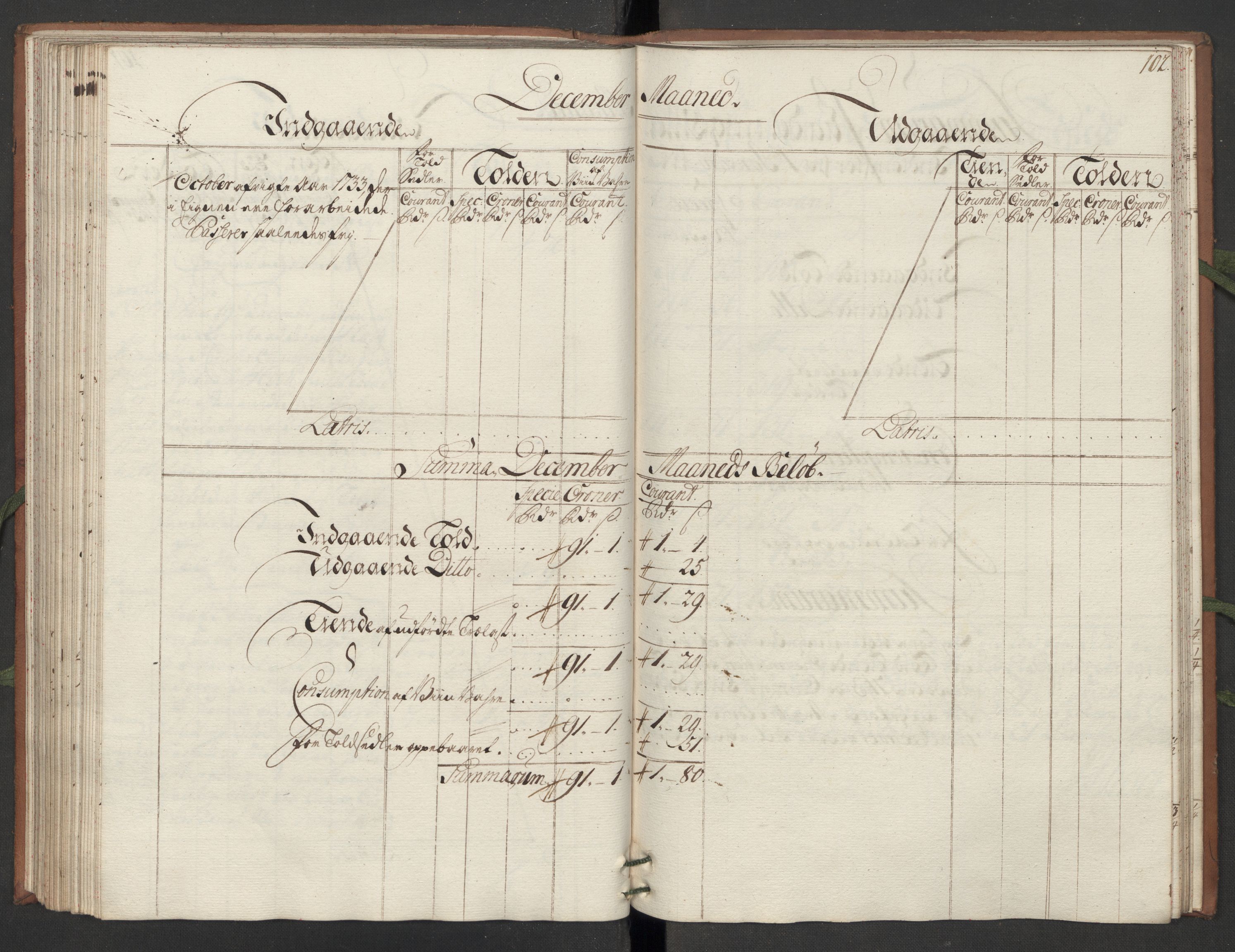 Generaltollkammeret, tollregnskaper, AV/RA-EA-5490/R10/L0012/0001: Tollregnskaper Tønsberg / Hovedtollbok, 1733, p. 101b-102a