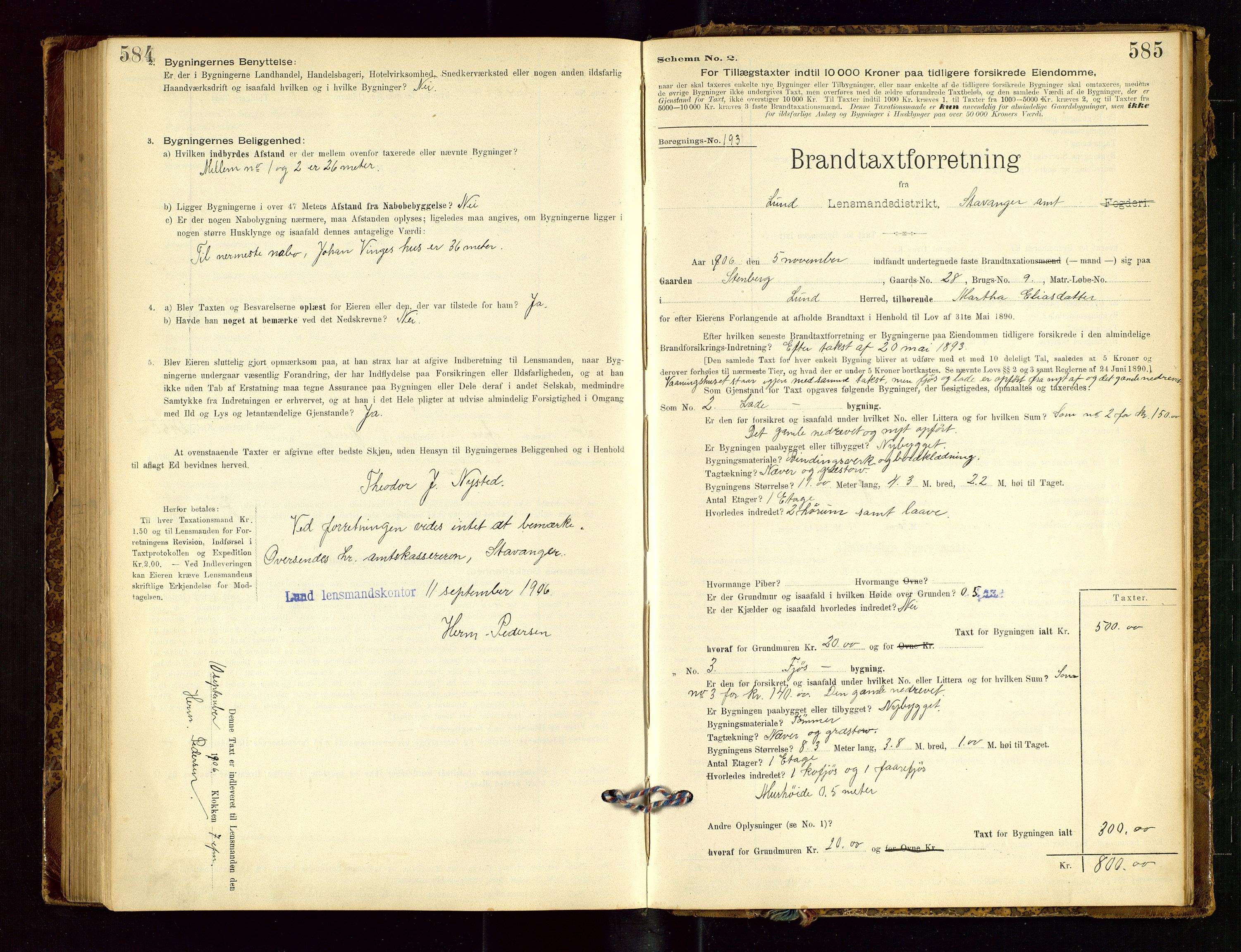 Lund lensmannskontor, SAST/A-100303/Gob/L0001: "Brandtakstprotokol", 1894-1907, p. 584-585