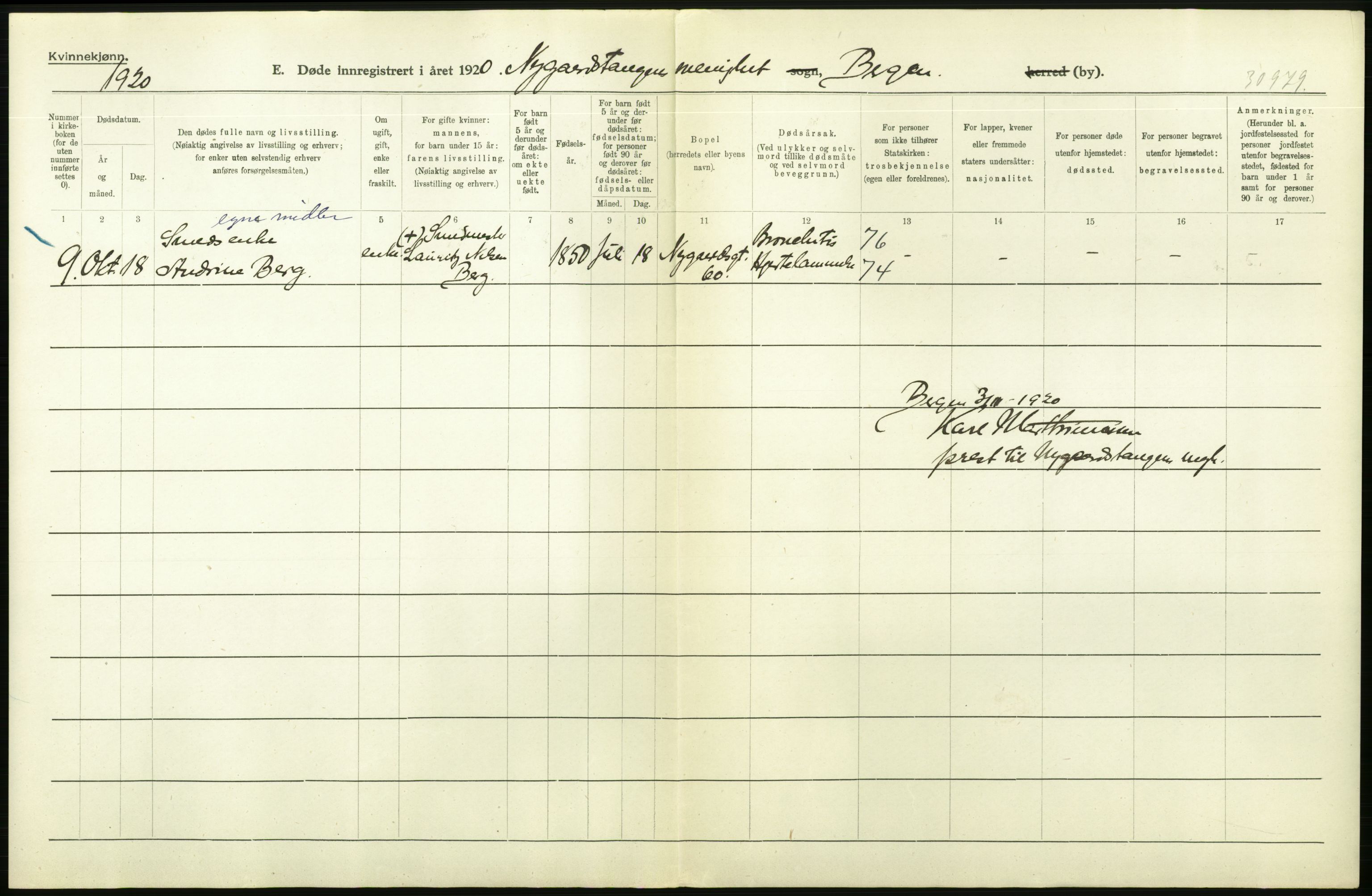 Statistisk sentralbyrå, Sosiodemografiske emner, Befolkning, AV/RA-S-2228/D/Df/Dfb/Dfbj/L0042: Bergen: Gifte, døde, dødfødte., 1920, p. 278