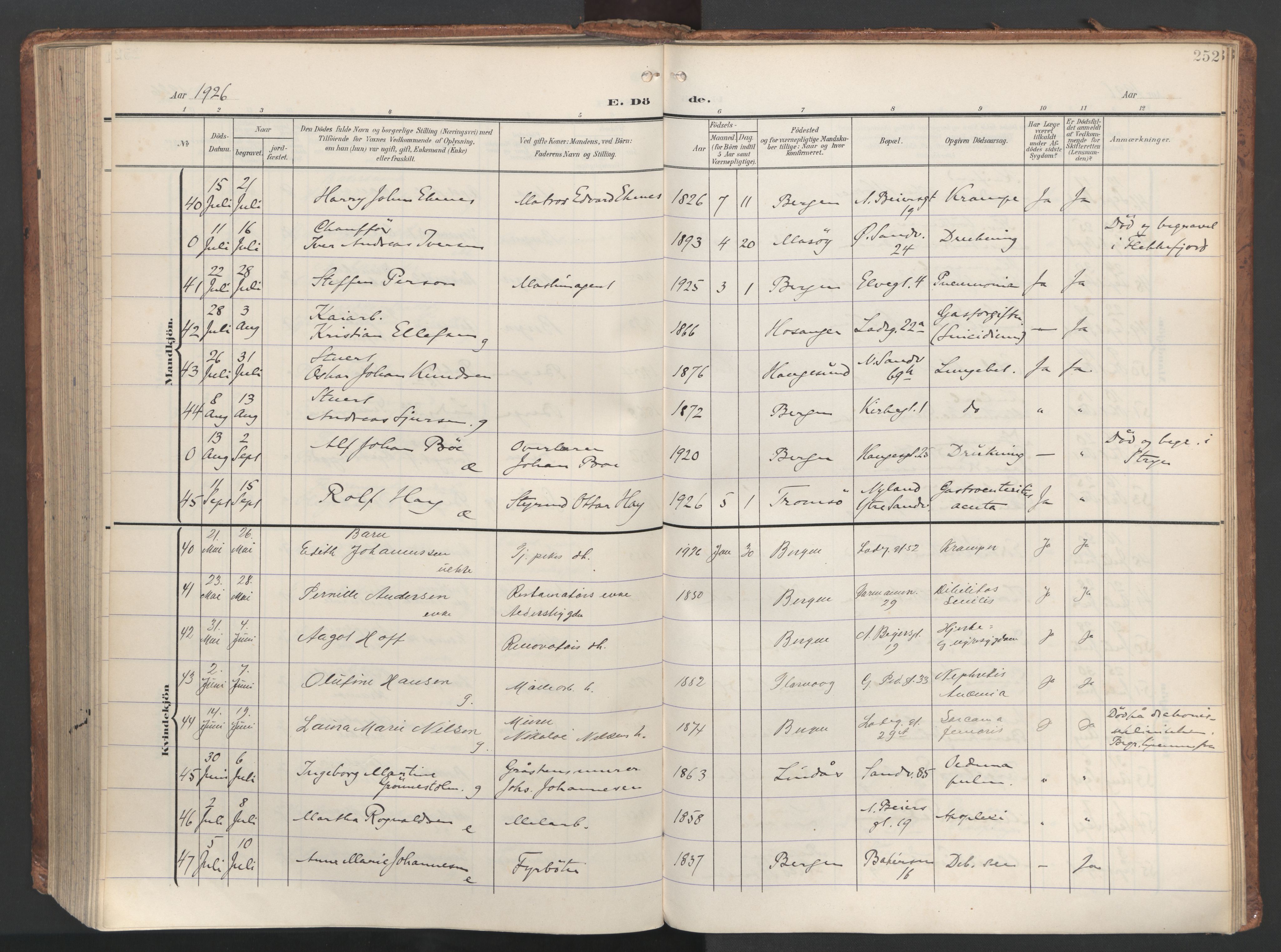 Sandviken Sokneprestembete, AV/SAB-A-77601/H/Ha/L0019: Parish register (official) no. E 2, 1905-1933, p. 252