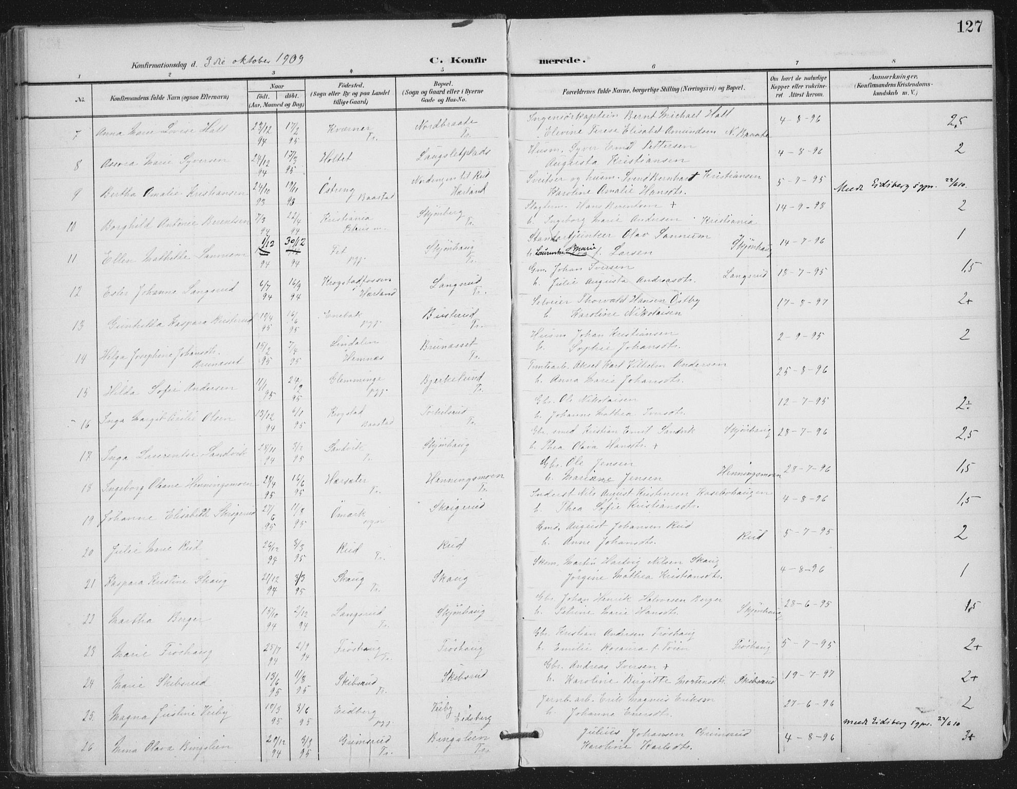 Trøgstad prestekontor Kirkebøker, AV/SAO-A-10925/F/Fa/L0011: Parish register (official) no. I 11, 1899-1919, p. 127