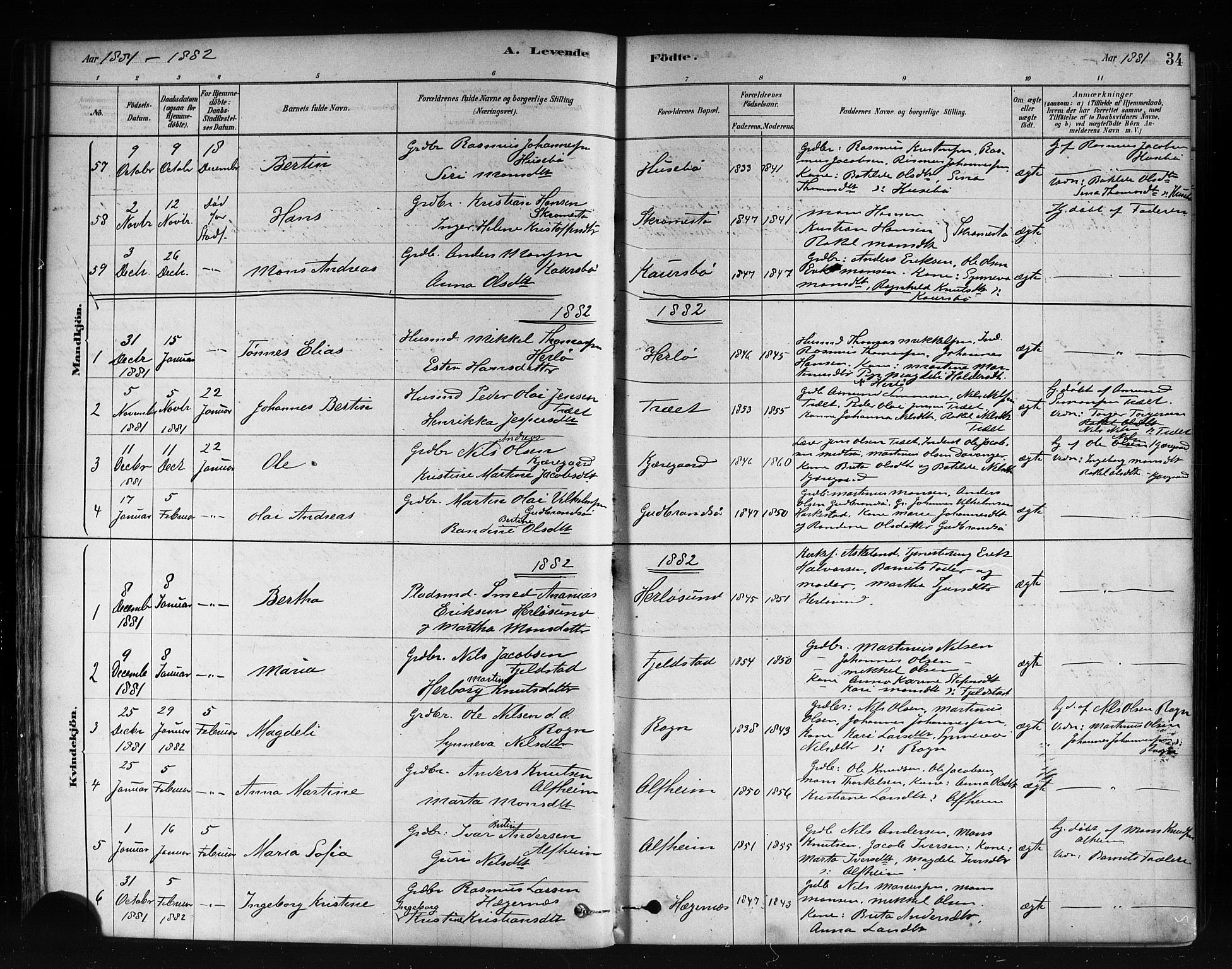 Herdla Sokneprestembete, SAB/A-75701/H/Haa: Parish register (official) no. A 3, 1878-1890, p. 34