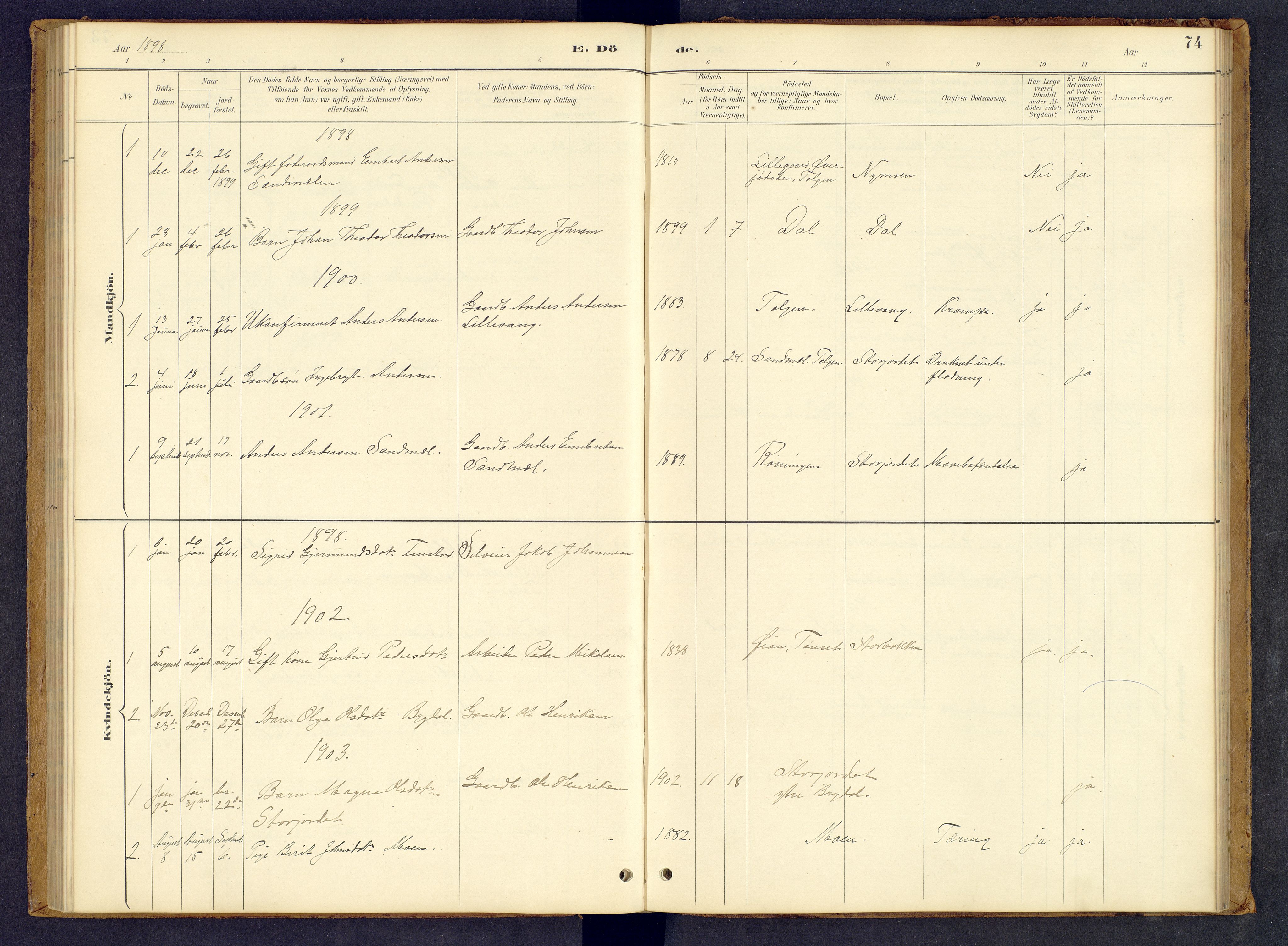 Tynset prestekontor, AV/SAH-PREST-058/H/Ha/Hab/L0008: Parish register (copy) no. 8, 1884-1916, p. 74