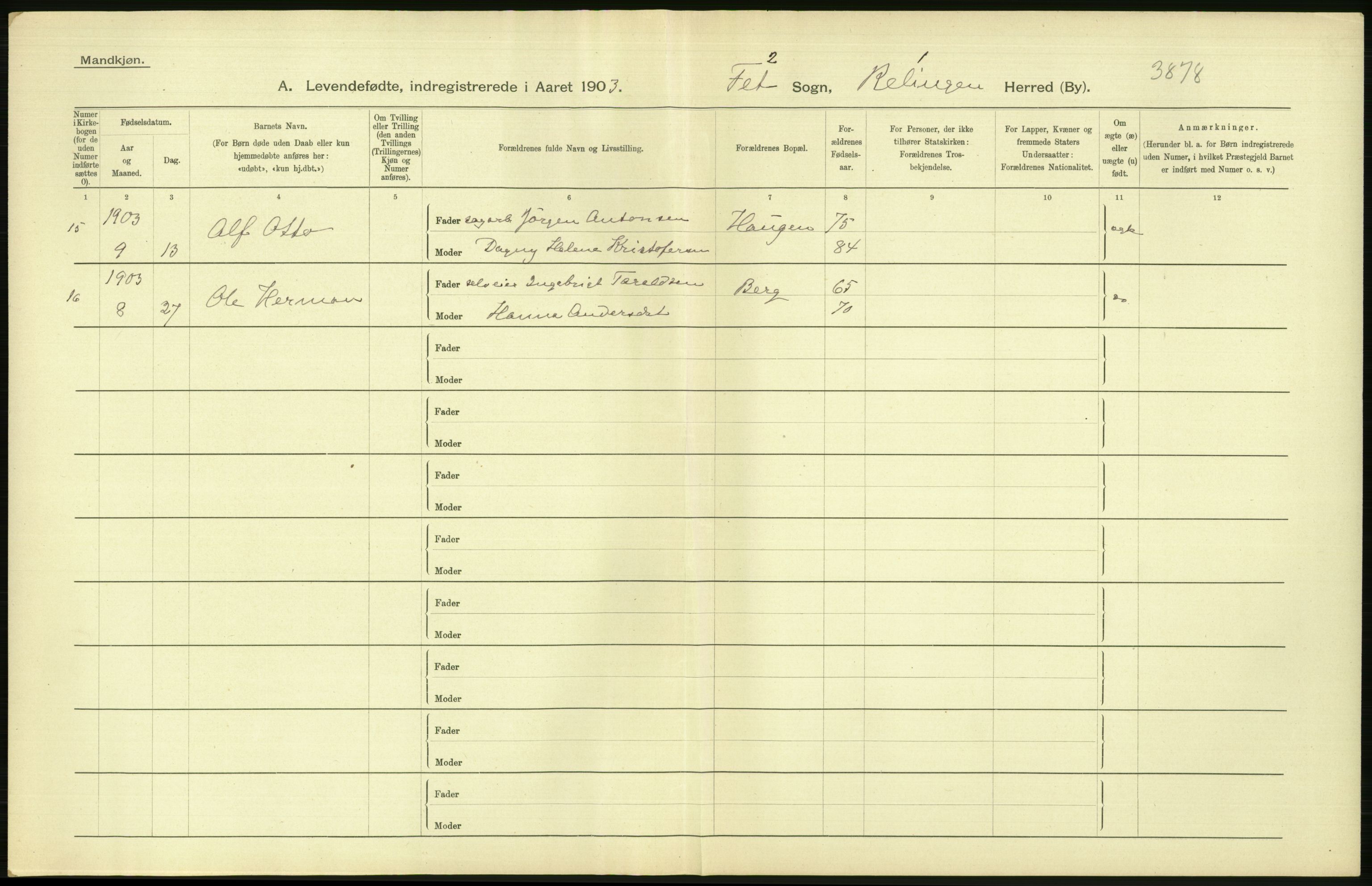 Statistisk sentralbyrå, Sosiodemografiske emner, Befolkning, AV/RA-S-2228/D/Df/Dfa/Dfaa/L0002: Akershus amt: Fødte, gifte, døde, 1903, p. 66