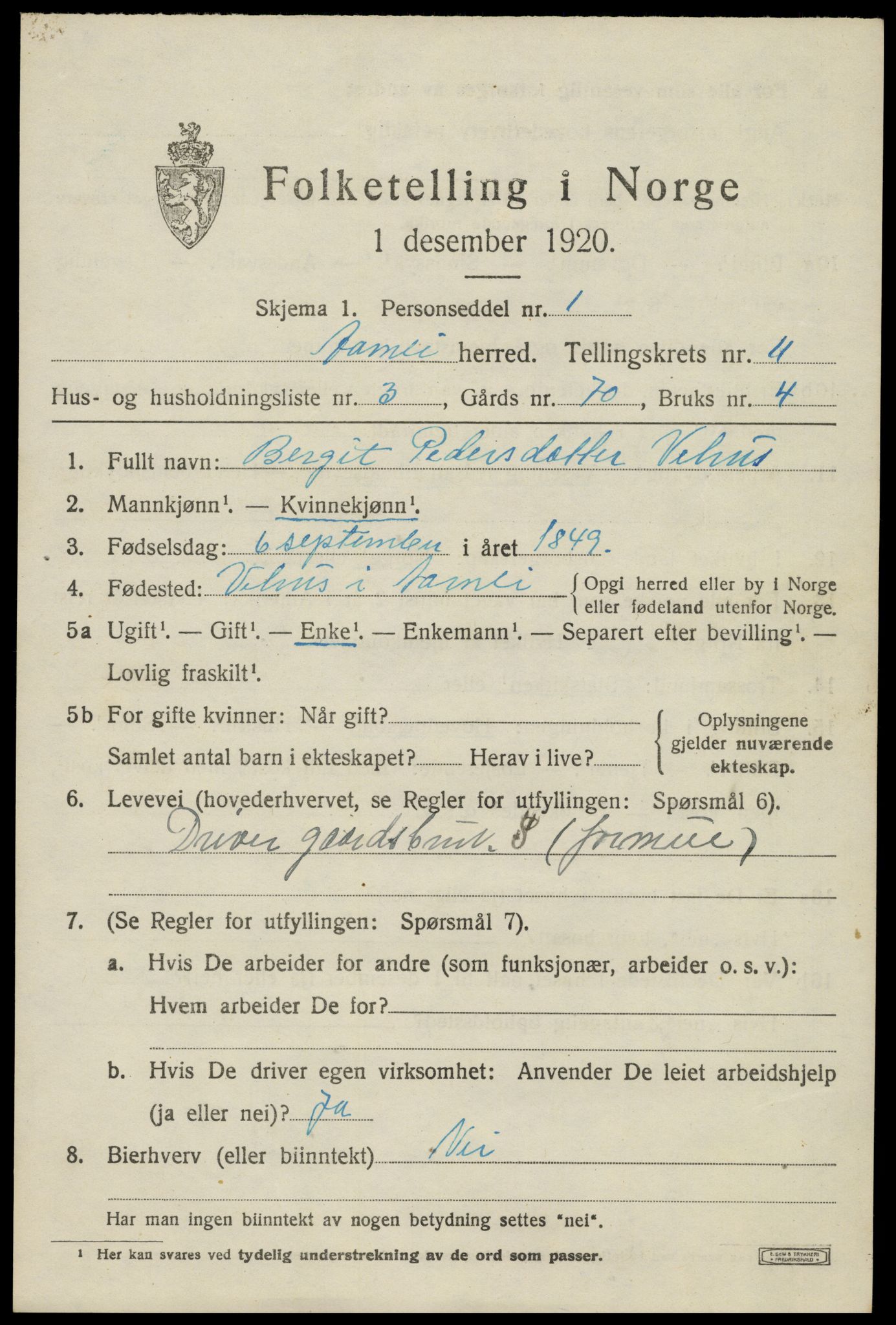 SAK, 1920 census for Åmli, 1920, p. 4223